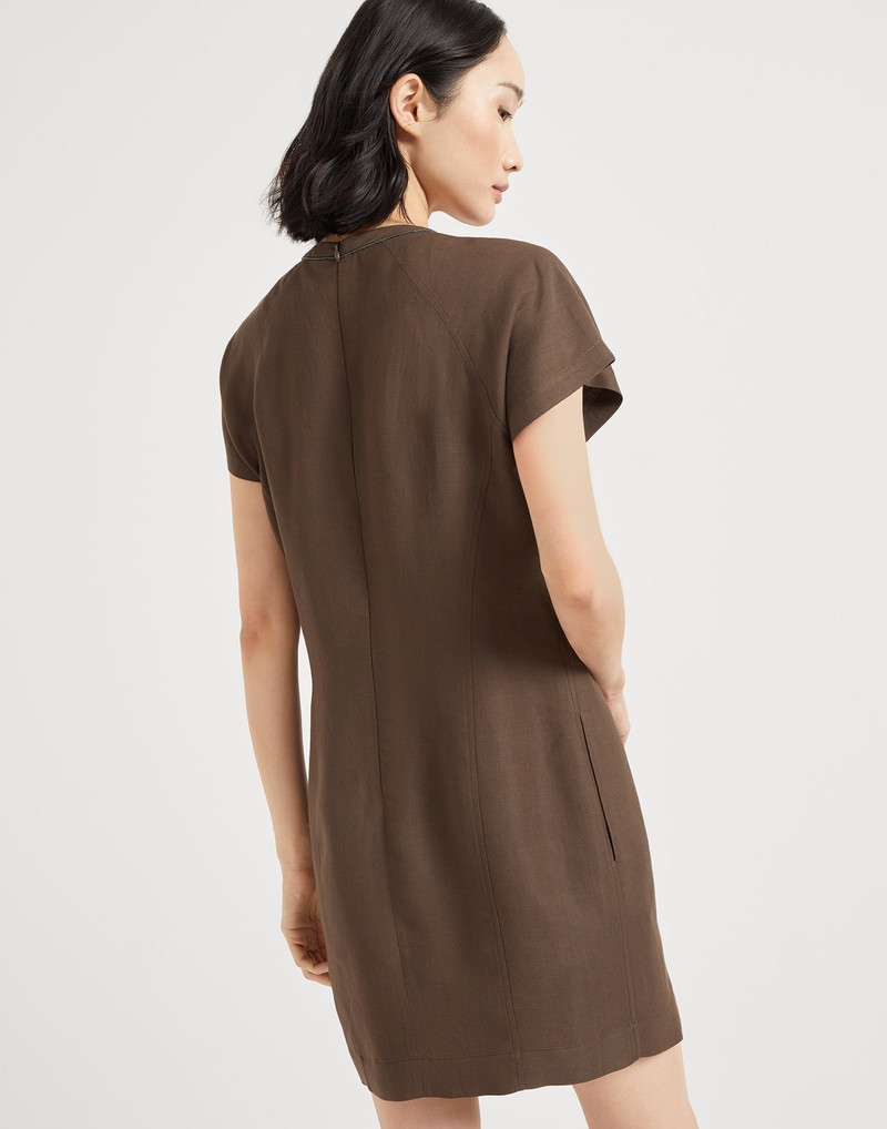 Brunello Cucinelli Viscose and linen fluid twill mini dress with shiny neck detail outlook