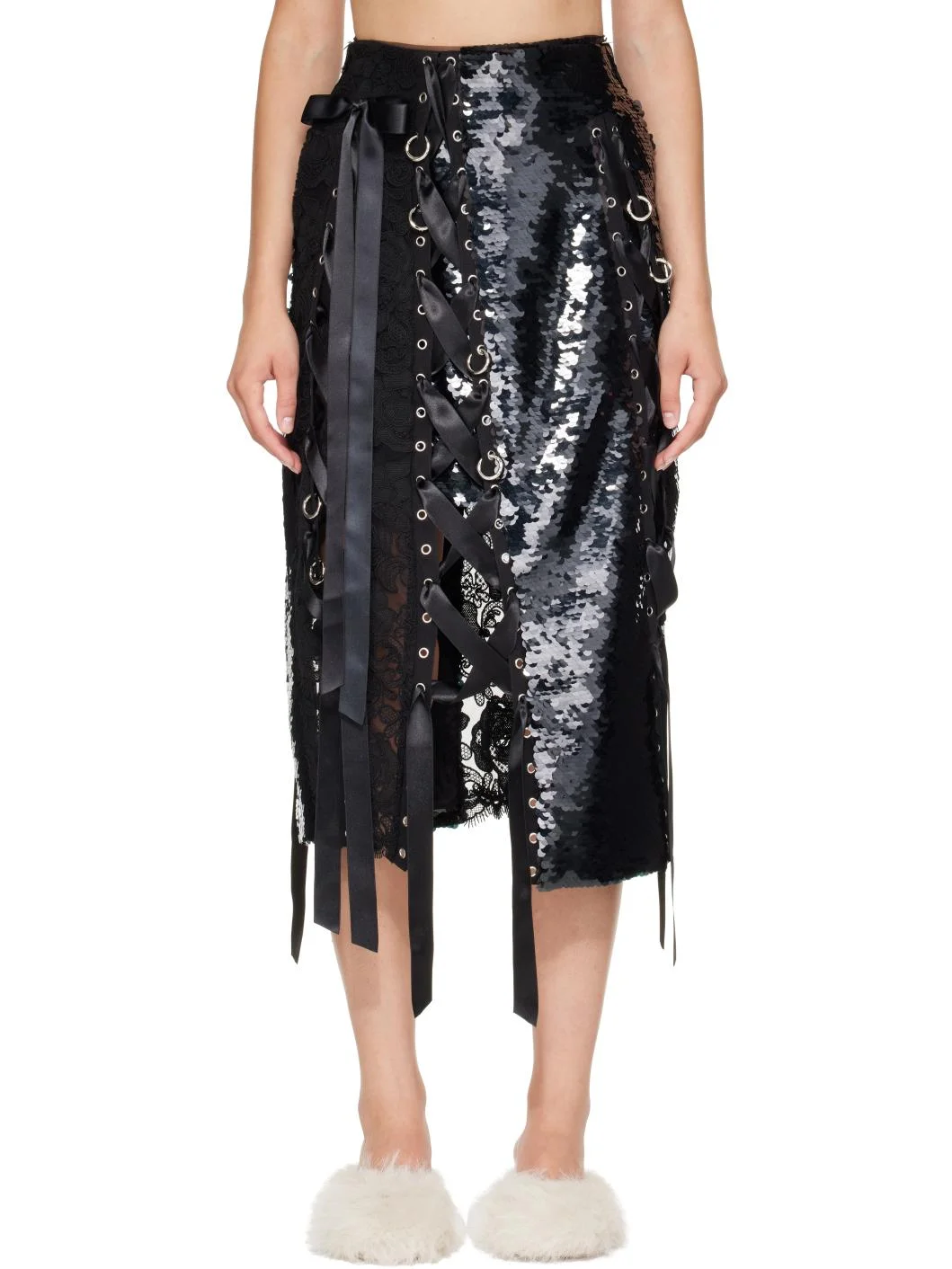 Black Unraveling Ribbon Patch Work Ring Midi Skirt - 1