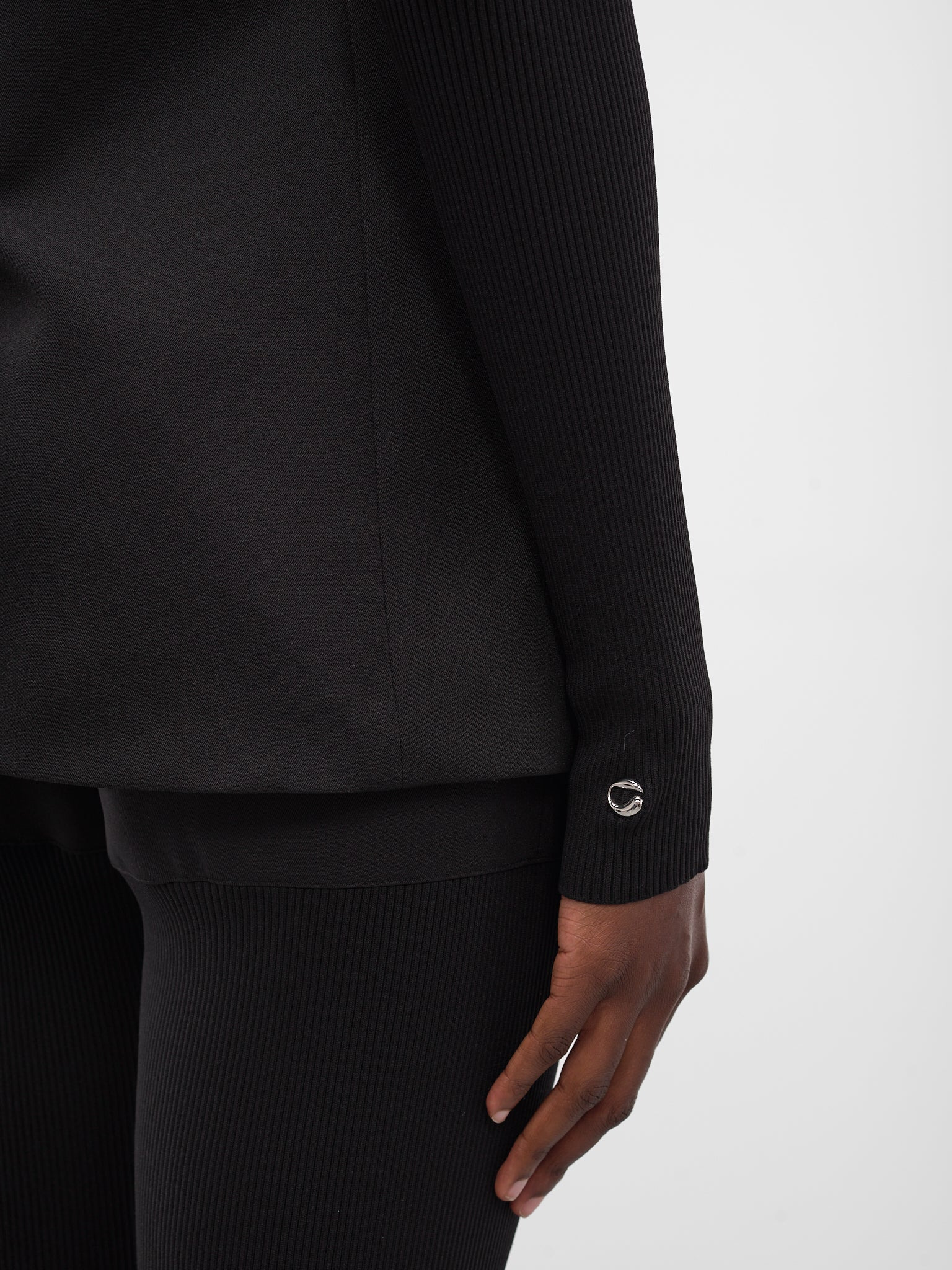 Black Rib-Knit Sleeve Blazer - 5
