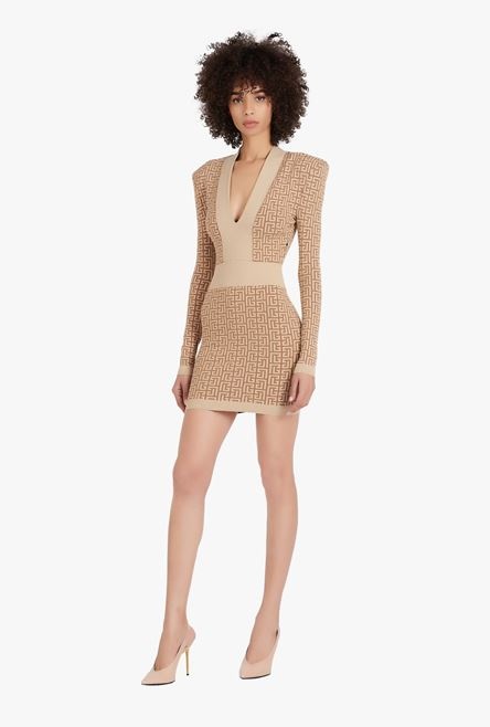 Short brown and gold knit dress with Balmain monogram - 2