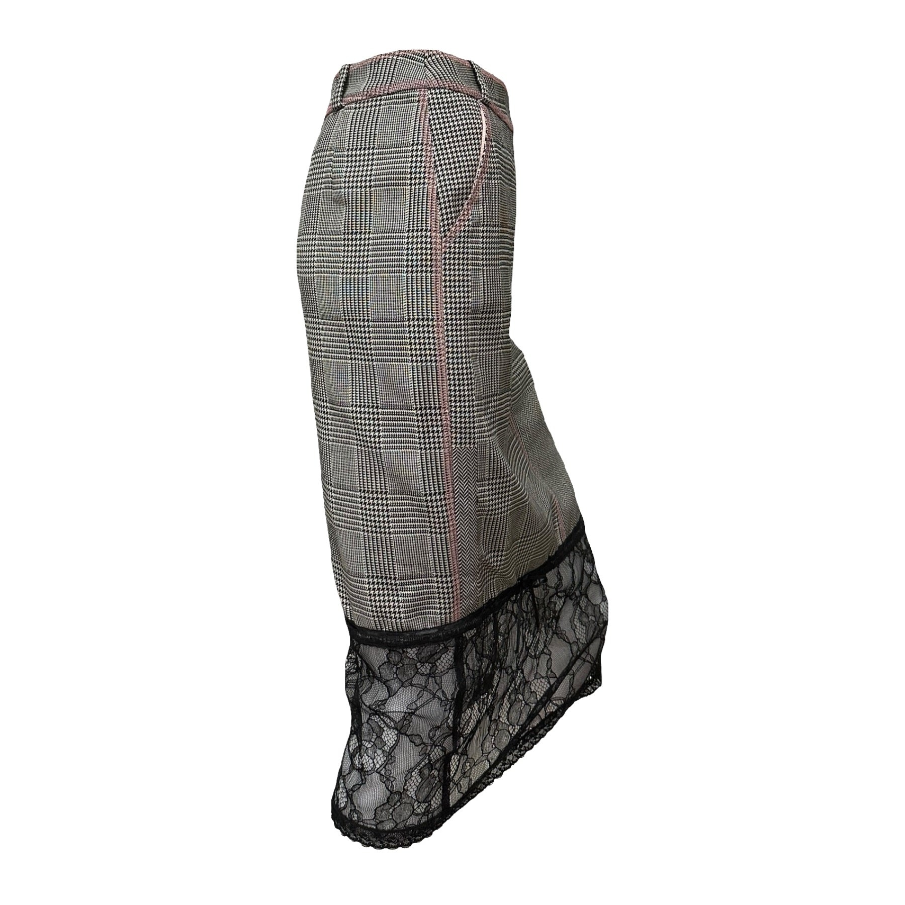 CHRISTIAN DIOR Spring Summer 2005 Houndstooth Print Lace Trim Midi Skirt - 3
