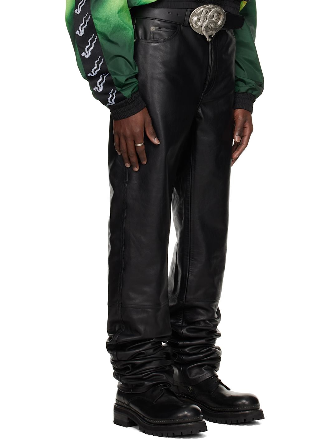 Black Stacked Straight Leg Leather Pants - 2