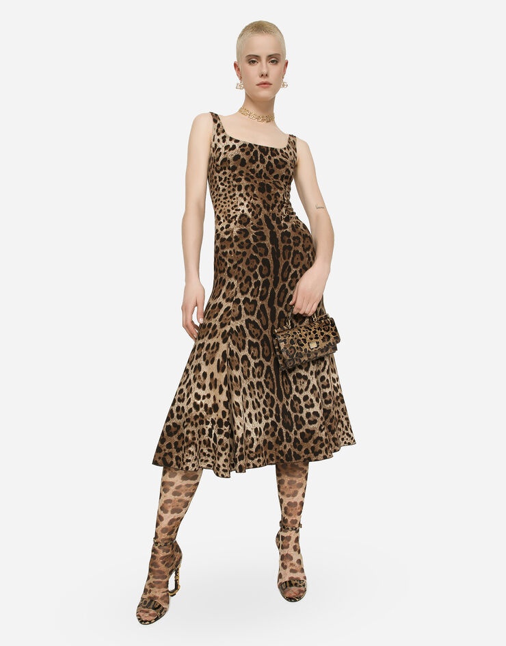 Leopard-print calf-length cady dress - 5