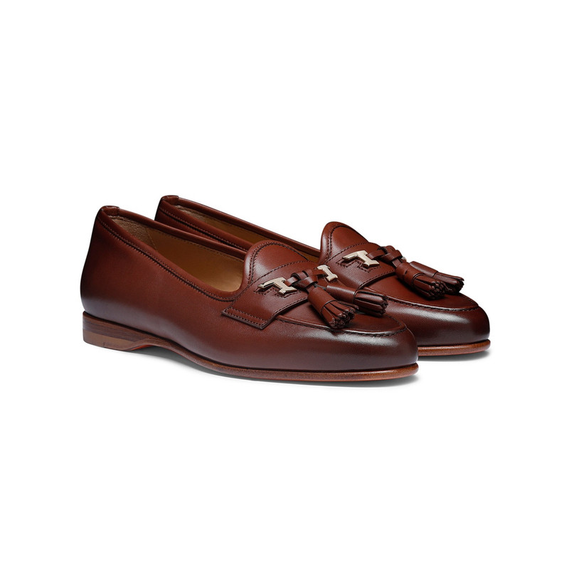 Santoni Women's brown nappa leather Andrea tassel loafer outlook
