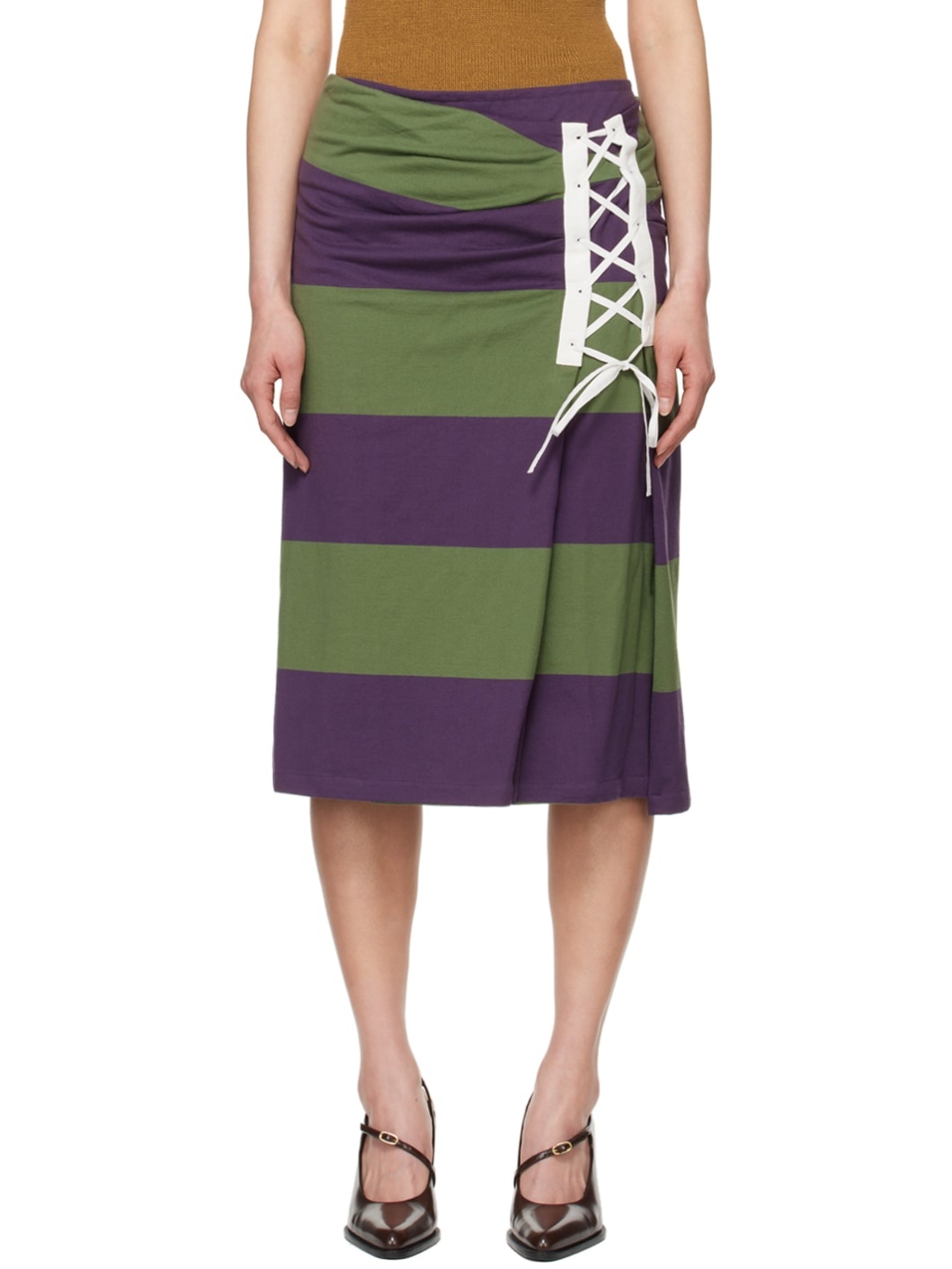 Purple & Green Striped Midi Skirt - 1