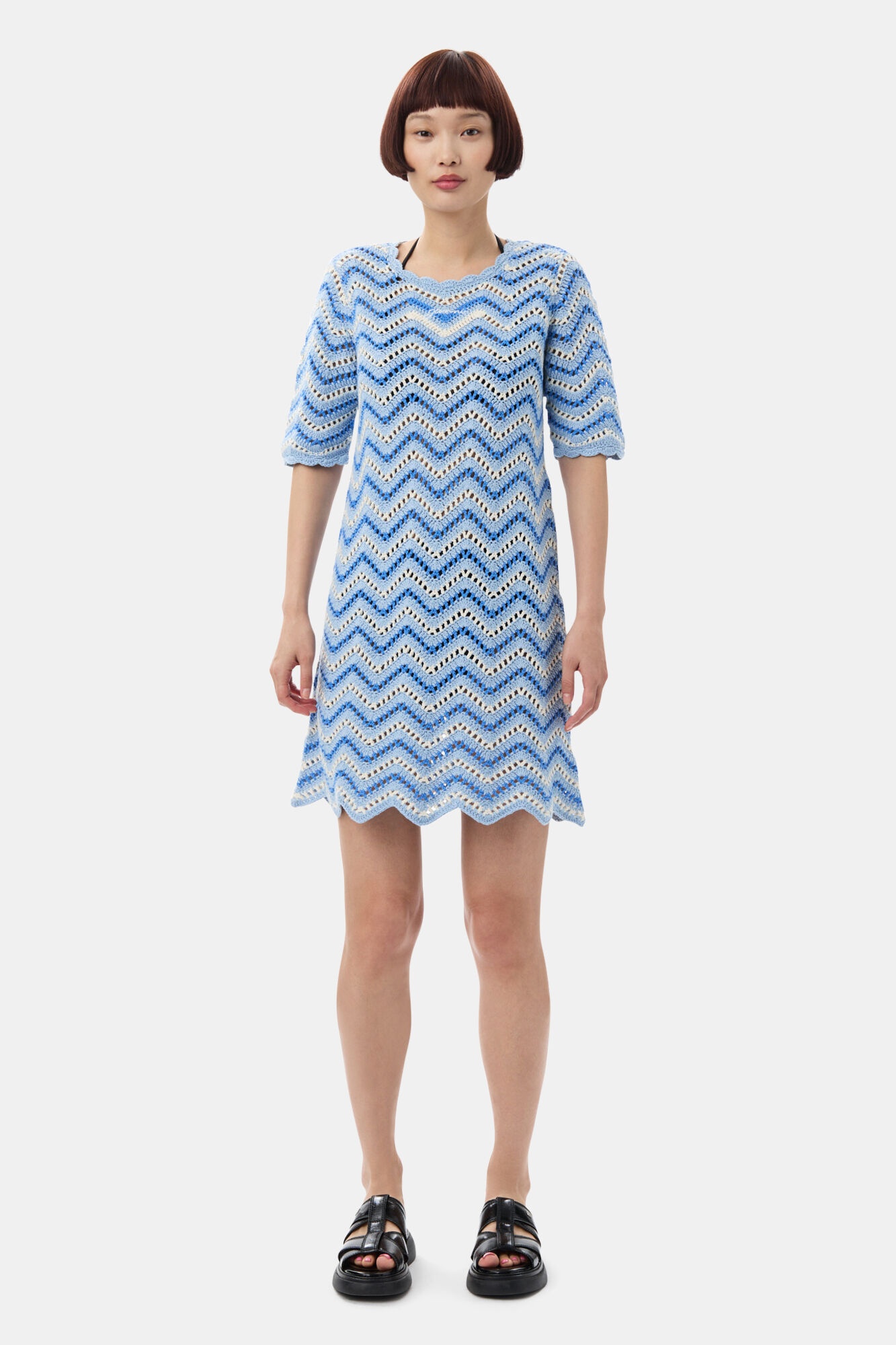 BLUE COTTON CROCHET MINI DRESS - 2