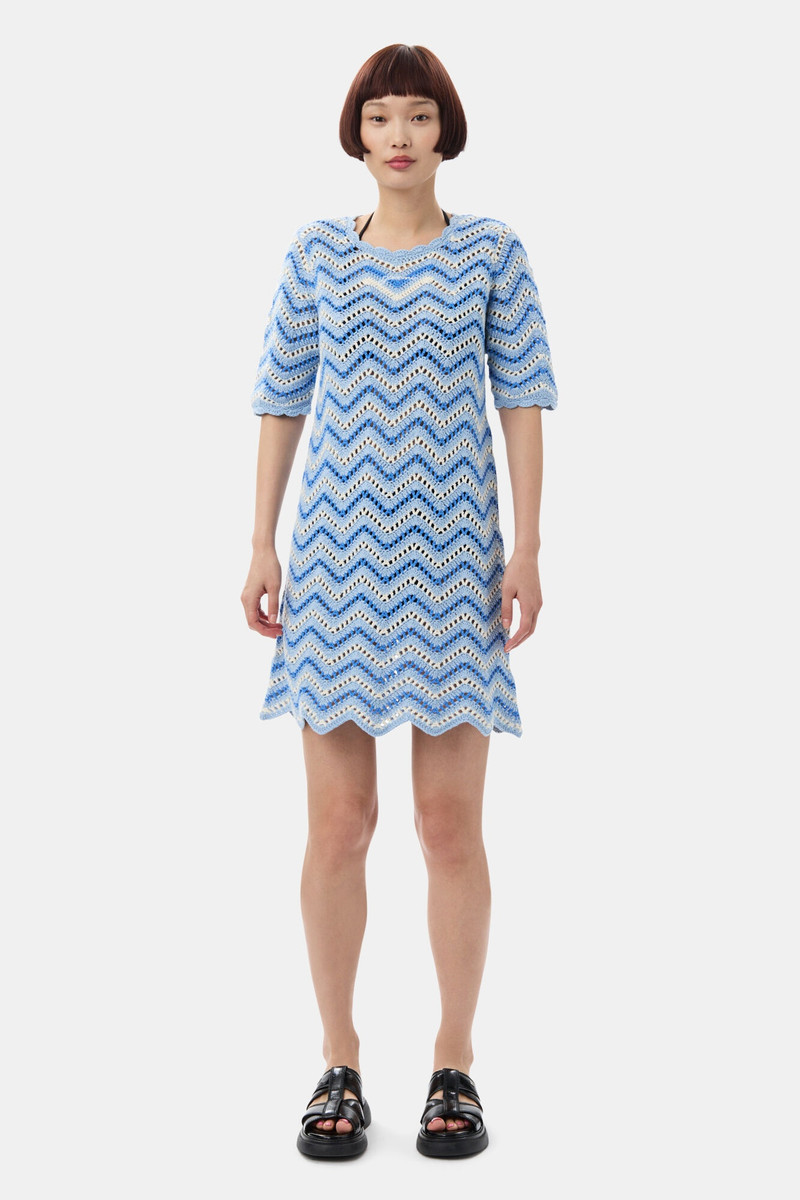 GANNI BLUE COTTON CROCHET MINI DRESS outlook