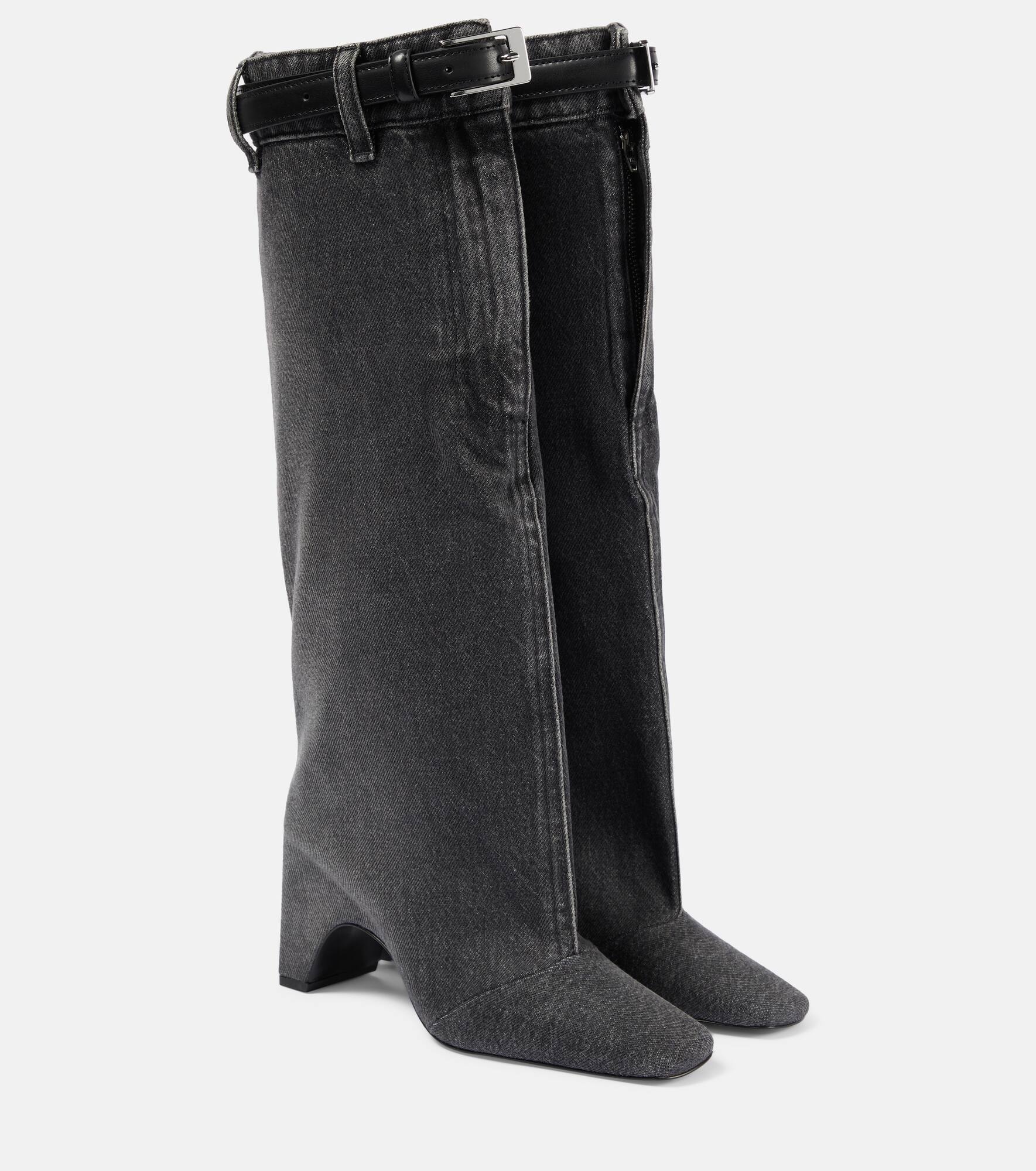 Leather-trimmed denim knee-high boots - 1