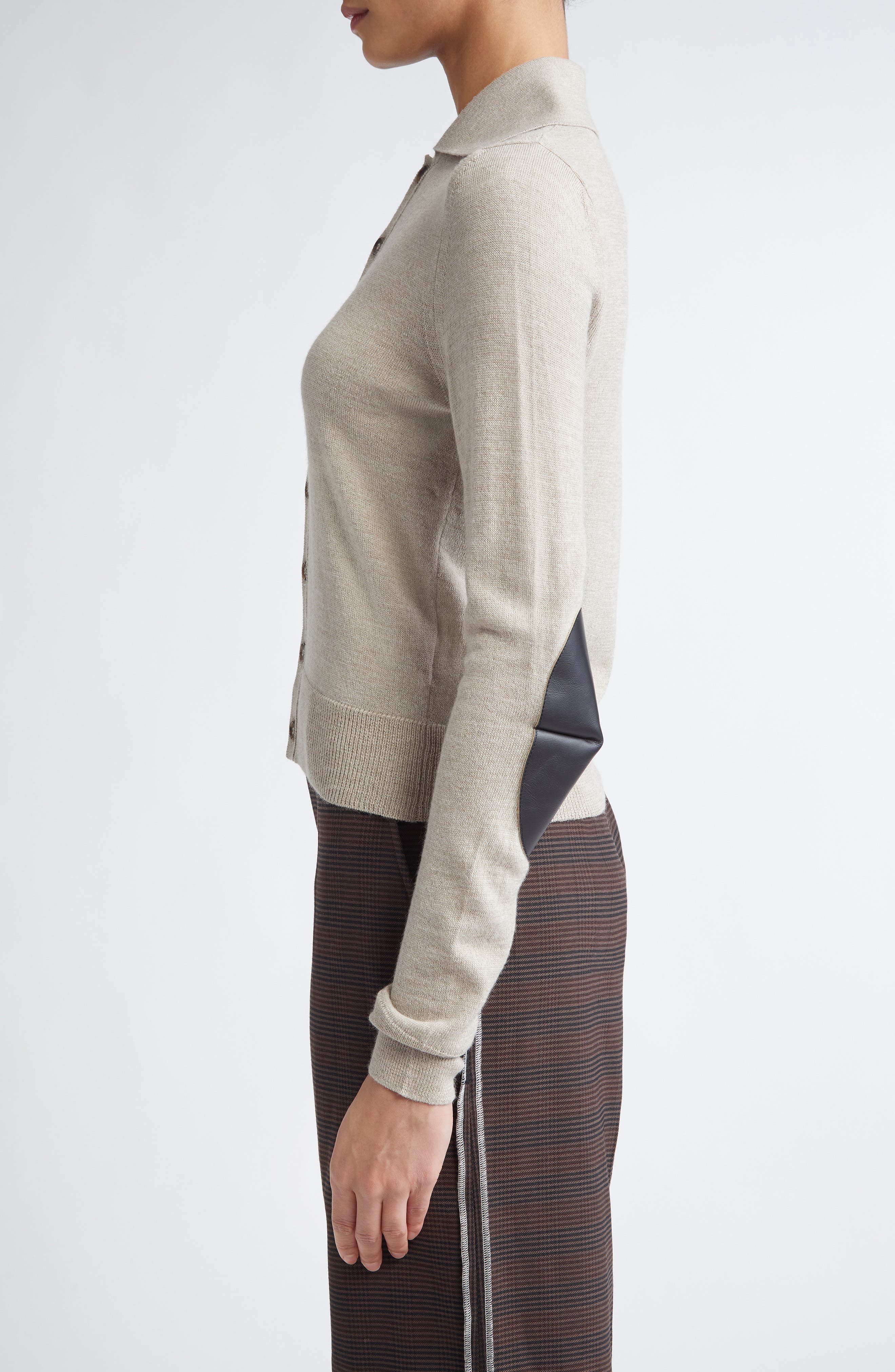 MM6 Maison Margiela Virgin Wool Blend Cardigan with Leather Elbow Patches in Beige Melange at Nordst - 4