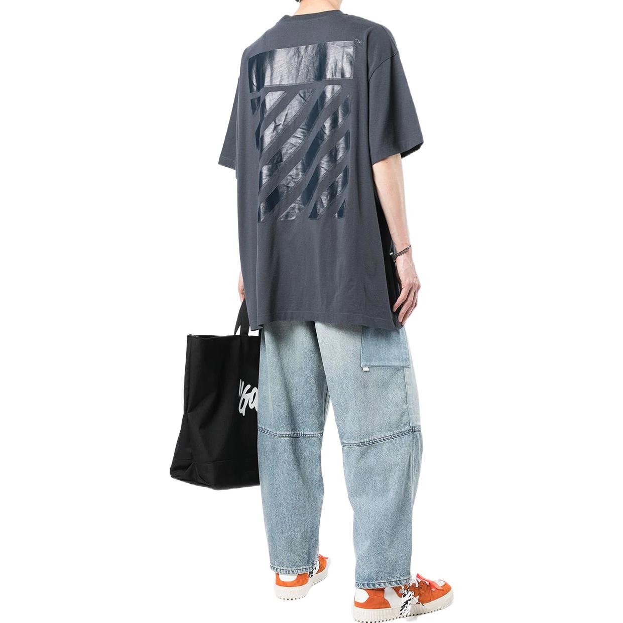 Men's Off-White Stripe Printing Short Sleeve Loose Fit Navy Blue T-Shirt OMAA038S22JER0024646 - 4