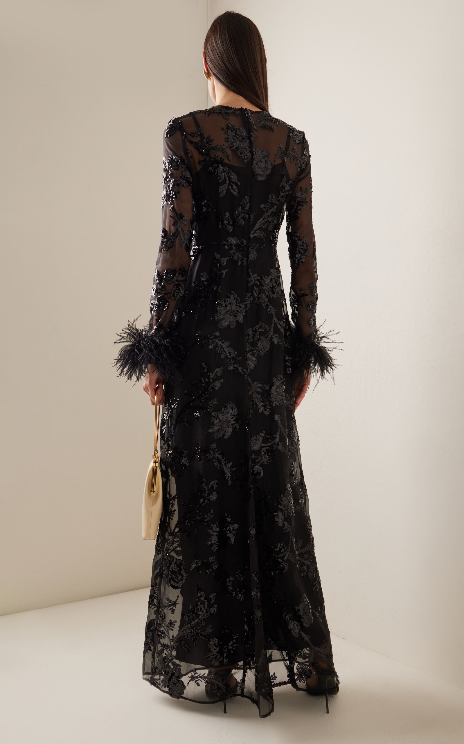 Ostrich-Trimmed Sequined Silk Maxi Dress black - 4