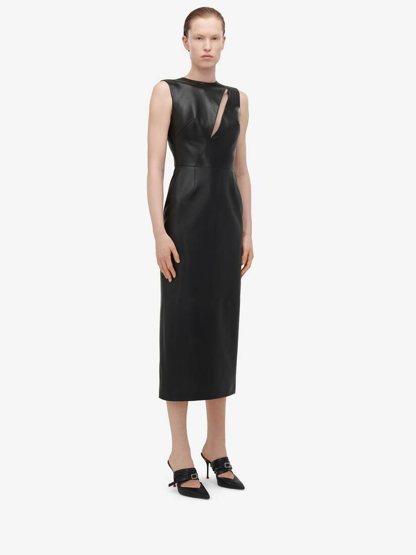 Women's Leather Slashed Pencil Dress in Black - 3