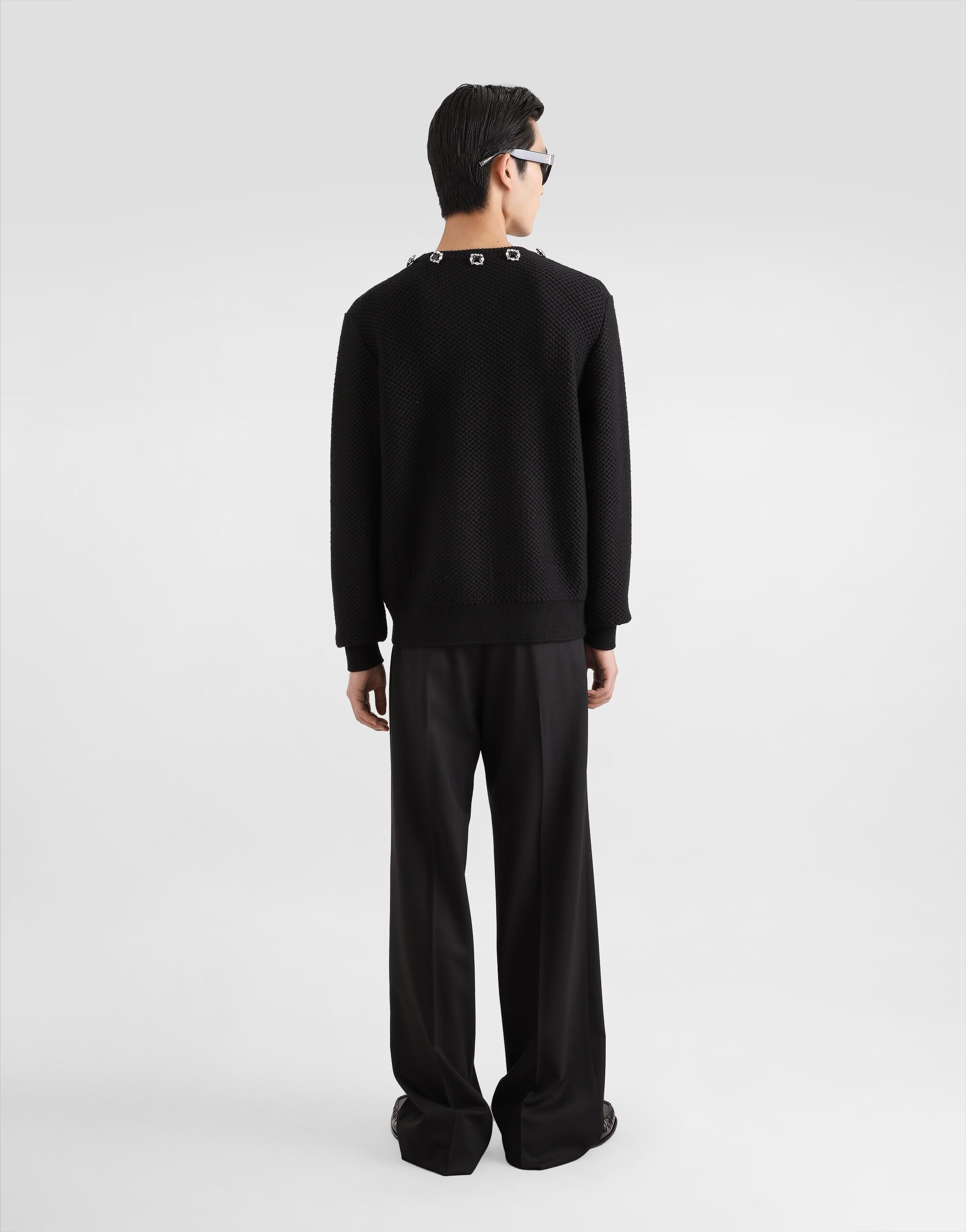 Wool round-neck sweater with embroidery and bejeweled buttons - 3