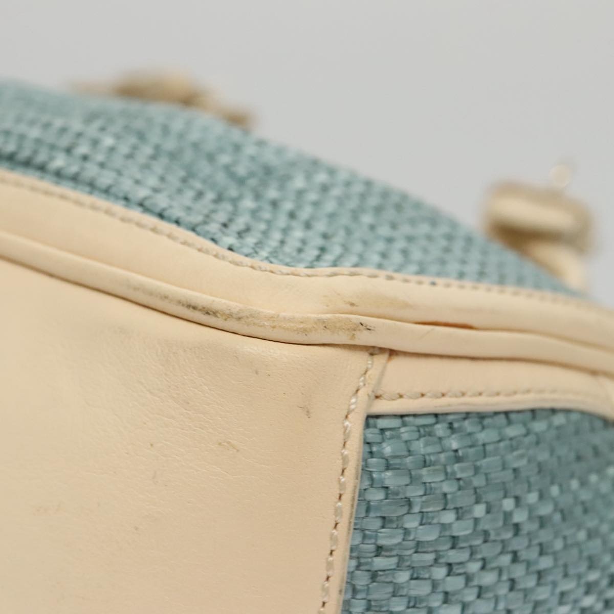 CELINE Hand Bag Straw Leather Blue Cream Gold - 16