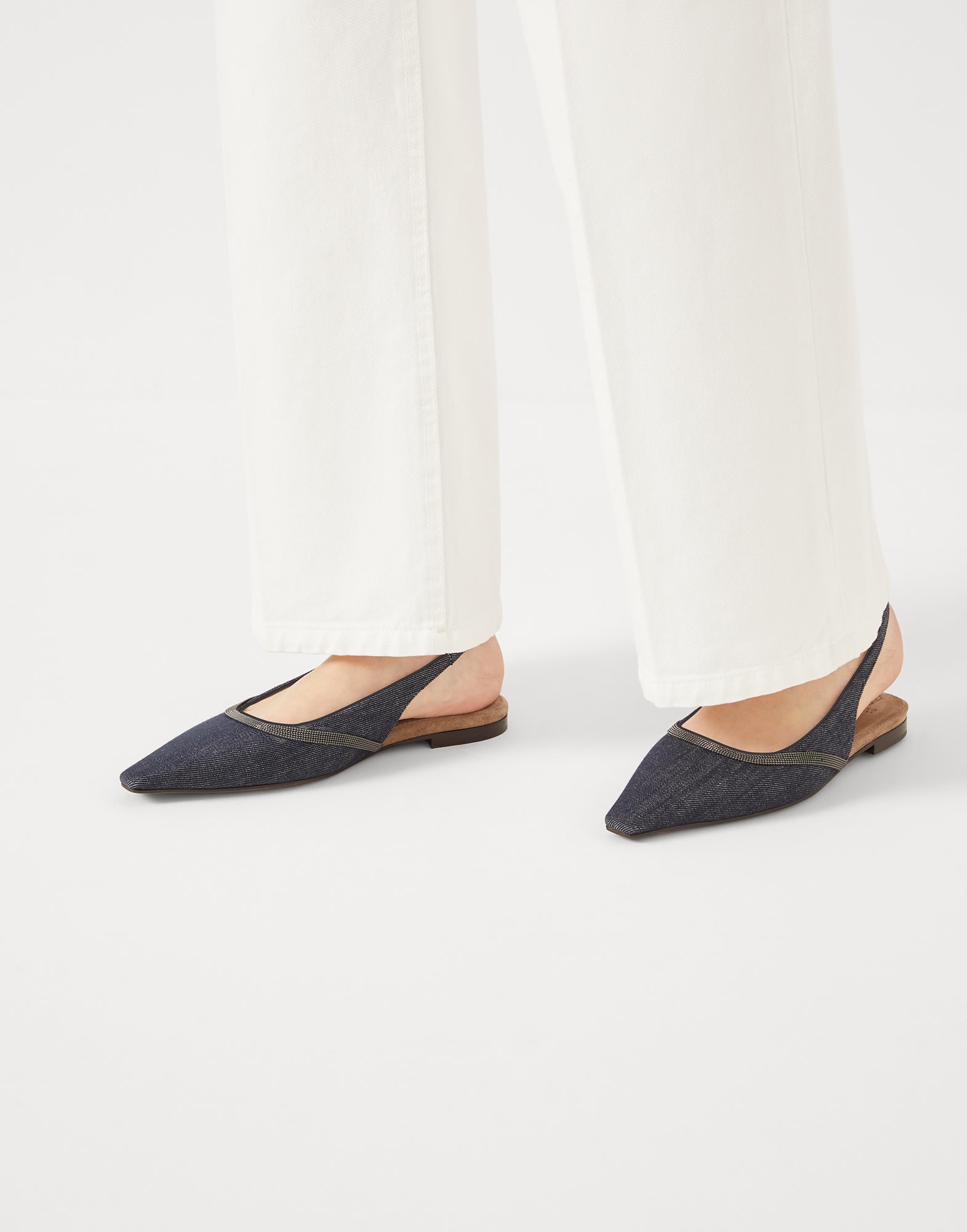 Cotton denim-effect twill slingback flats with shiny contour - 4