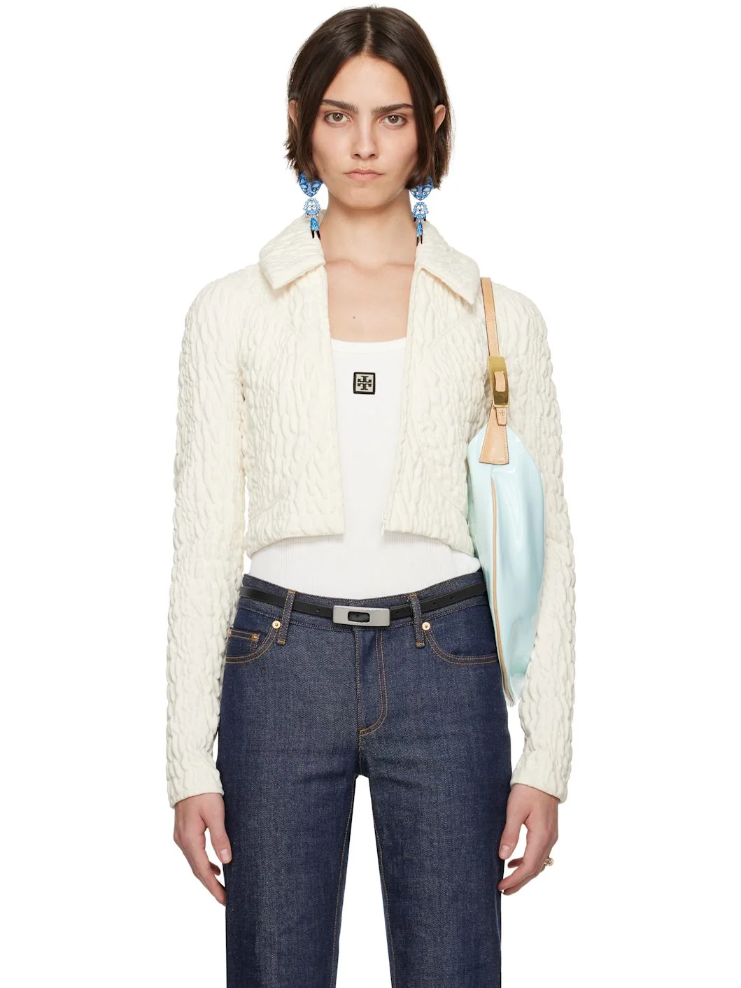 White Cropped Wool Silk Jacket - 1