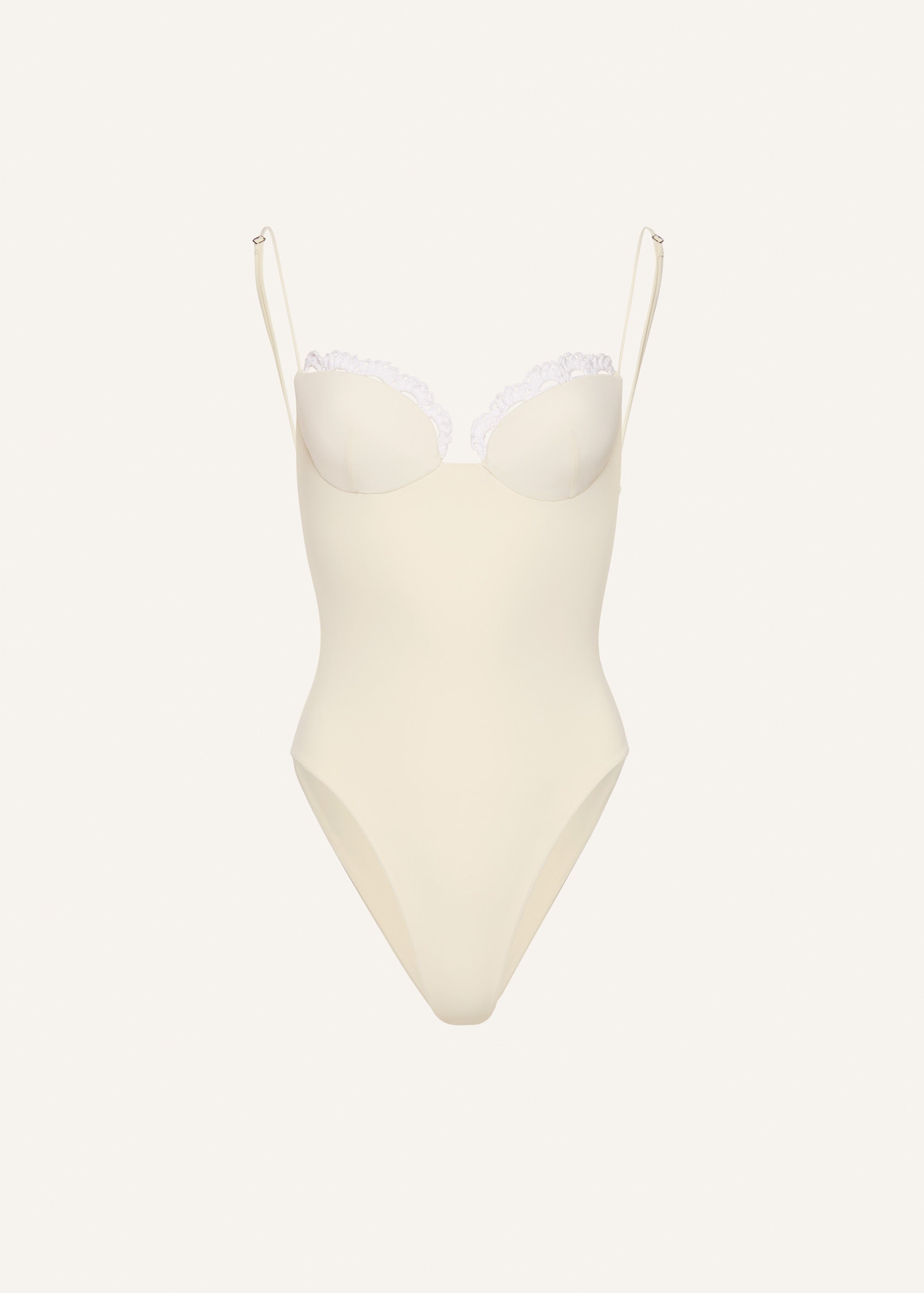 Crochet-trim bustier swimsuit in cream - 1