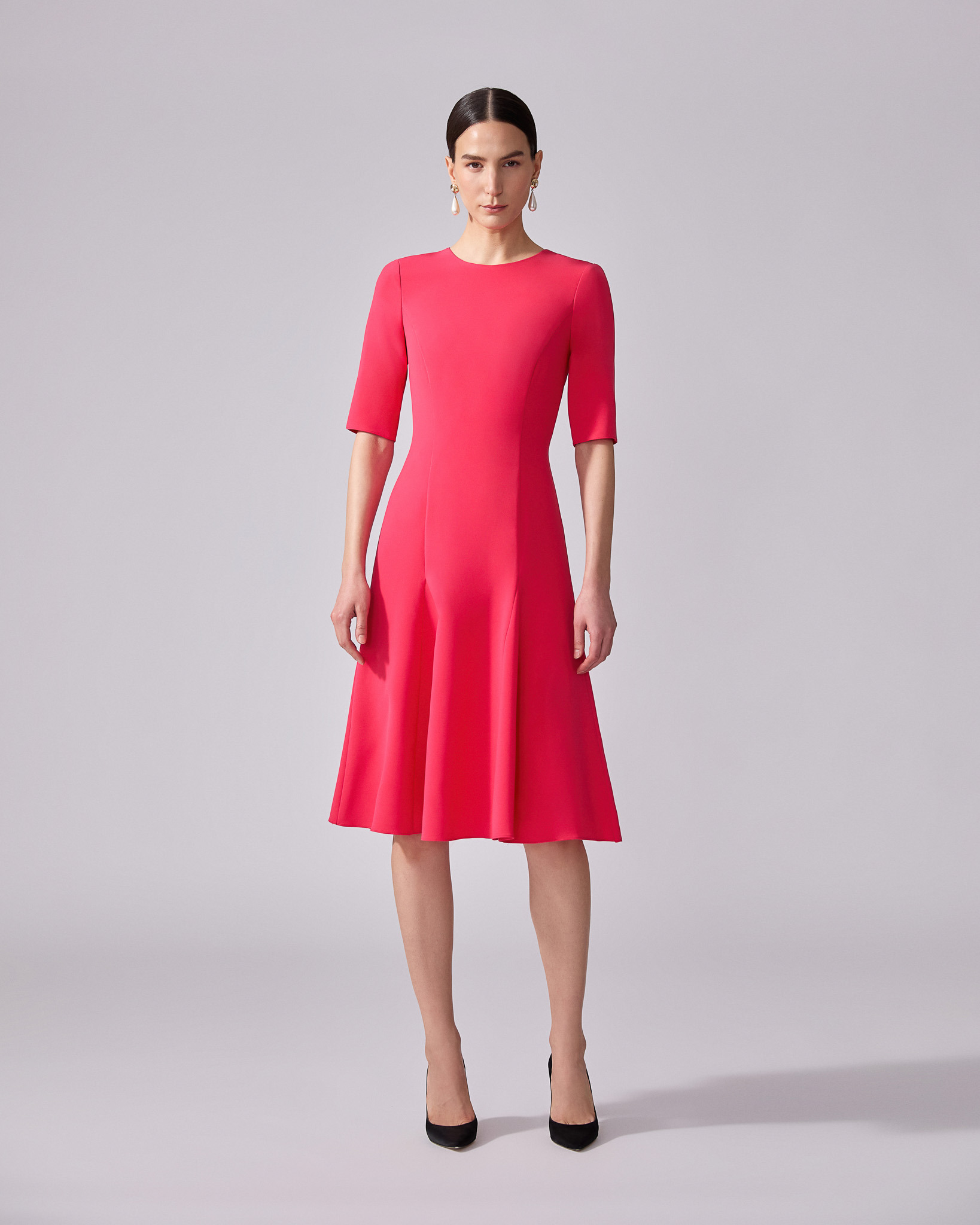 Three-Quarter Sleeve Godet Dress - 2