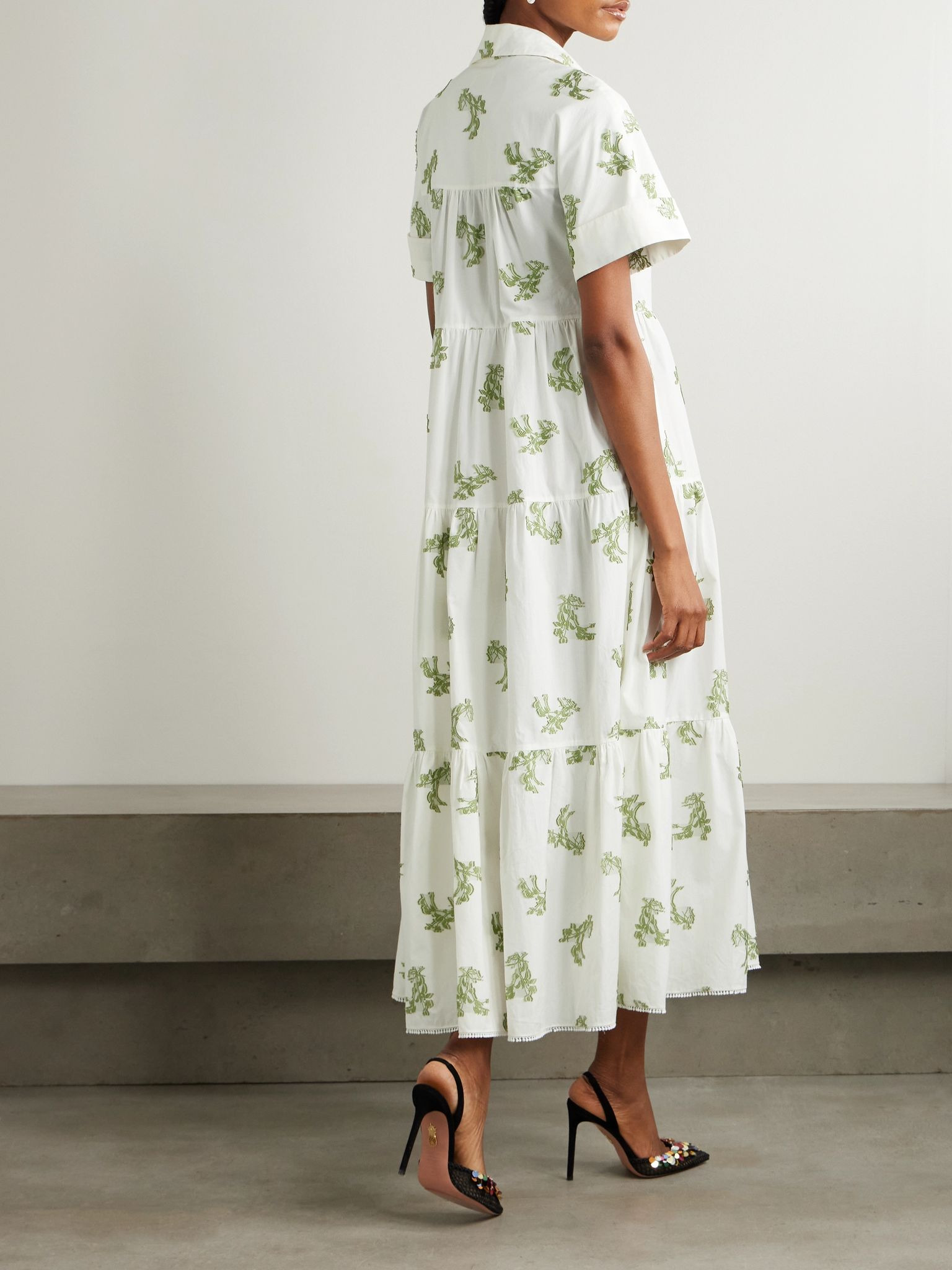 Embroidered gathered cotton fil coupé midi dress Ivory - 3