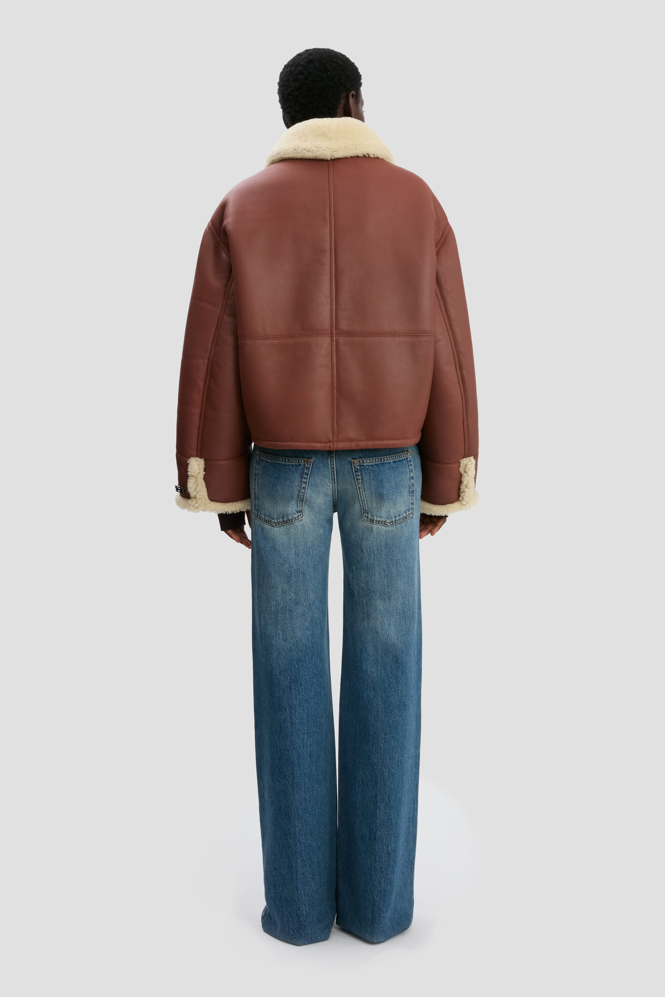 Cropped Shearling Jacket In Brown-Cream - 4