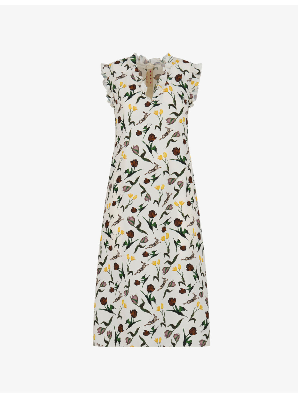 Floral and Hare-Print Ruffled-Trim Satin Midi Dress - 1