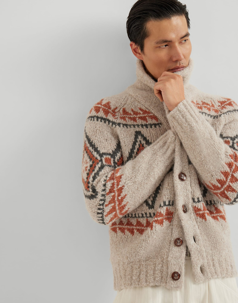 Geometric Jacquard cardigan alpaca, virgin wool and cashmere with metal buttons 4