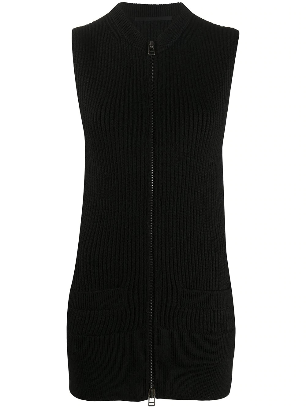 rib-knit zipped long-line gilet - 1