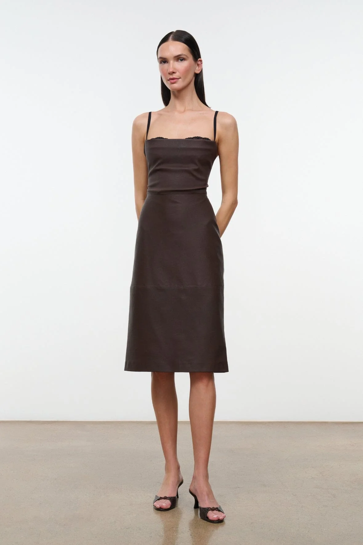 STAUD EVANGELINE LEATHER MIDI DRESS EARTH - 1