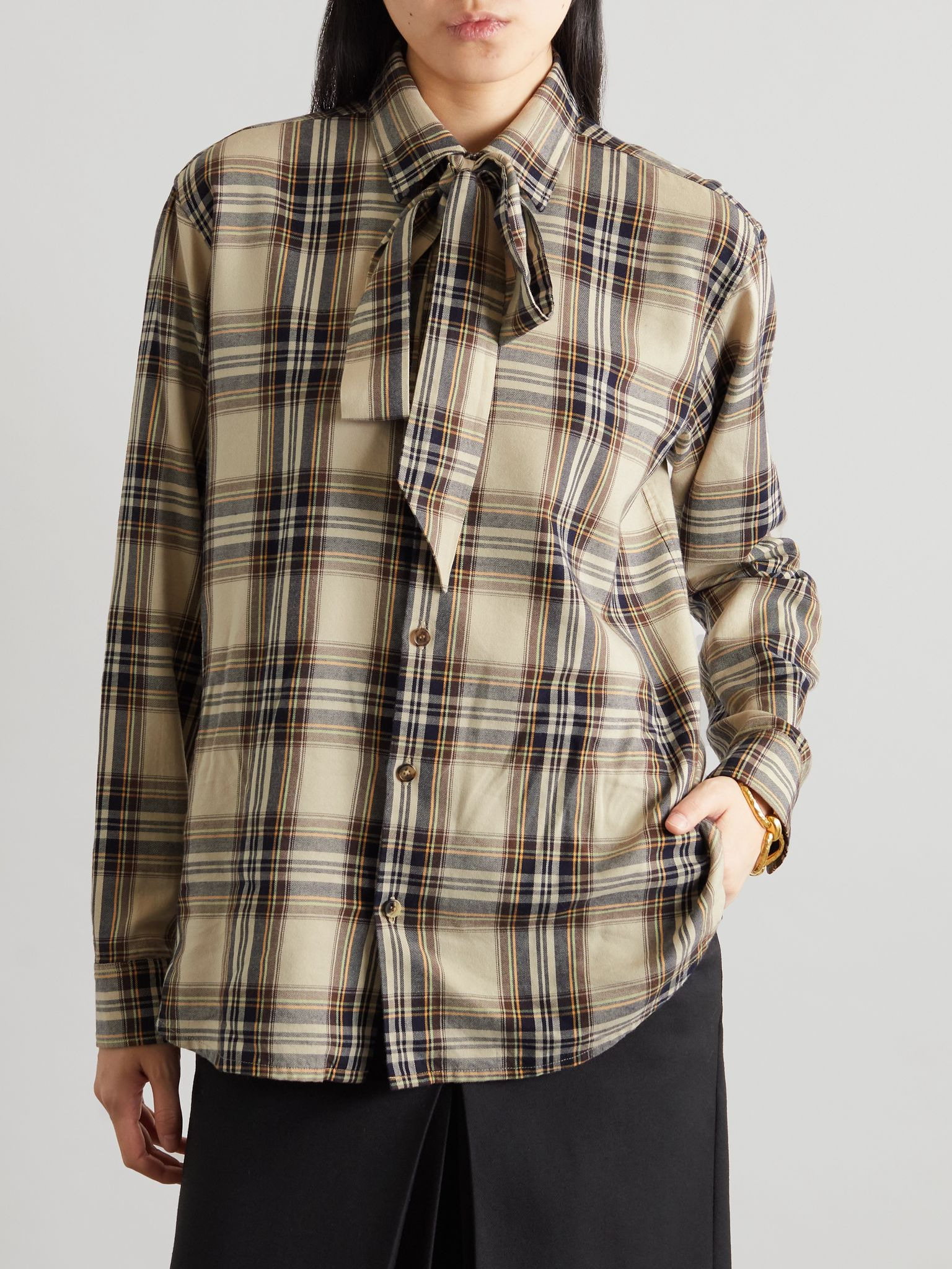 Pussy-bow checked cotton-blend shirt Beige - 3