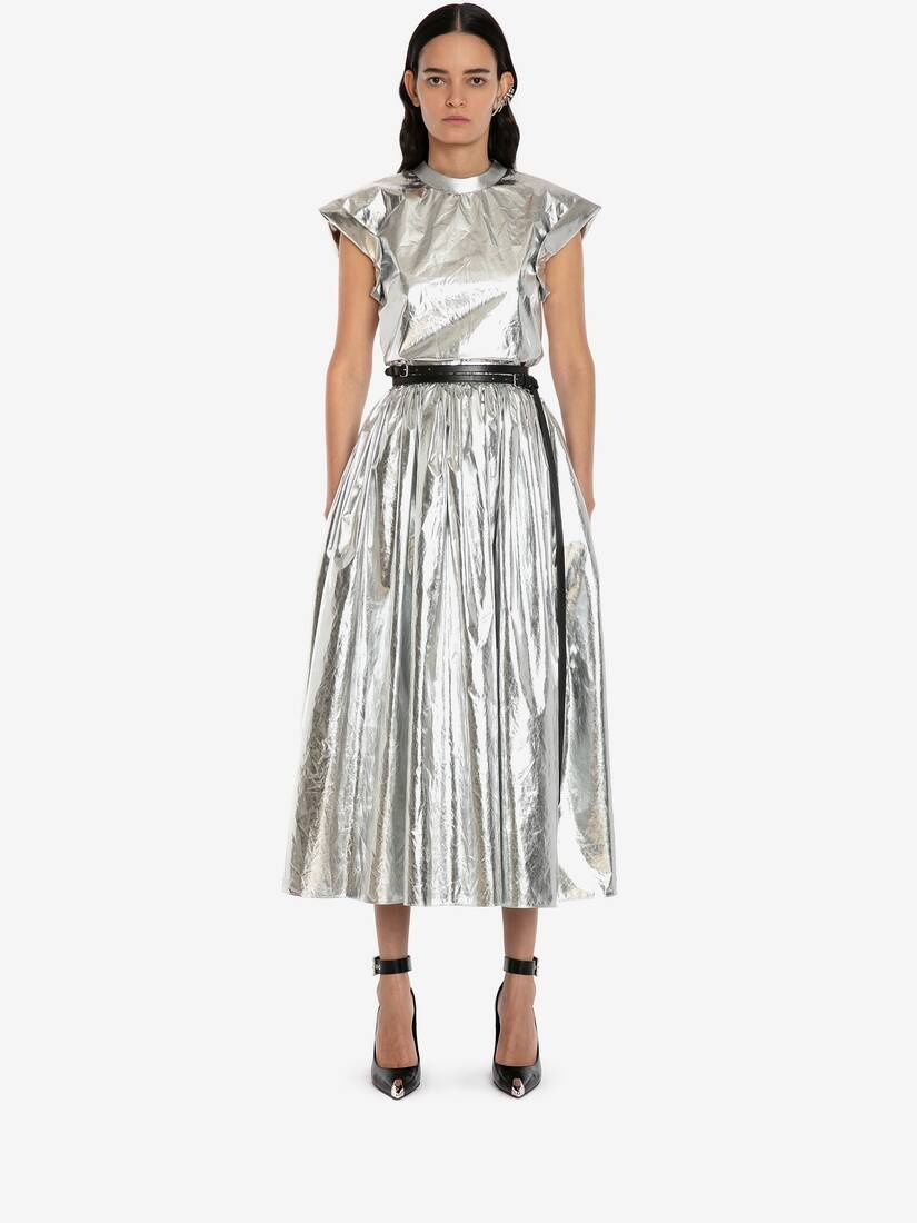 Gathered Midi Skirt in Silver - 2