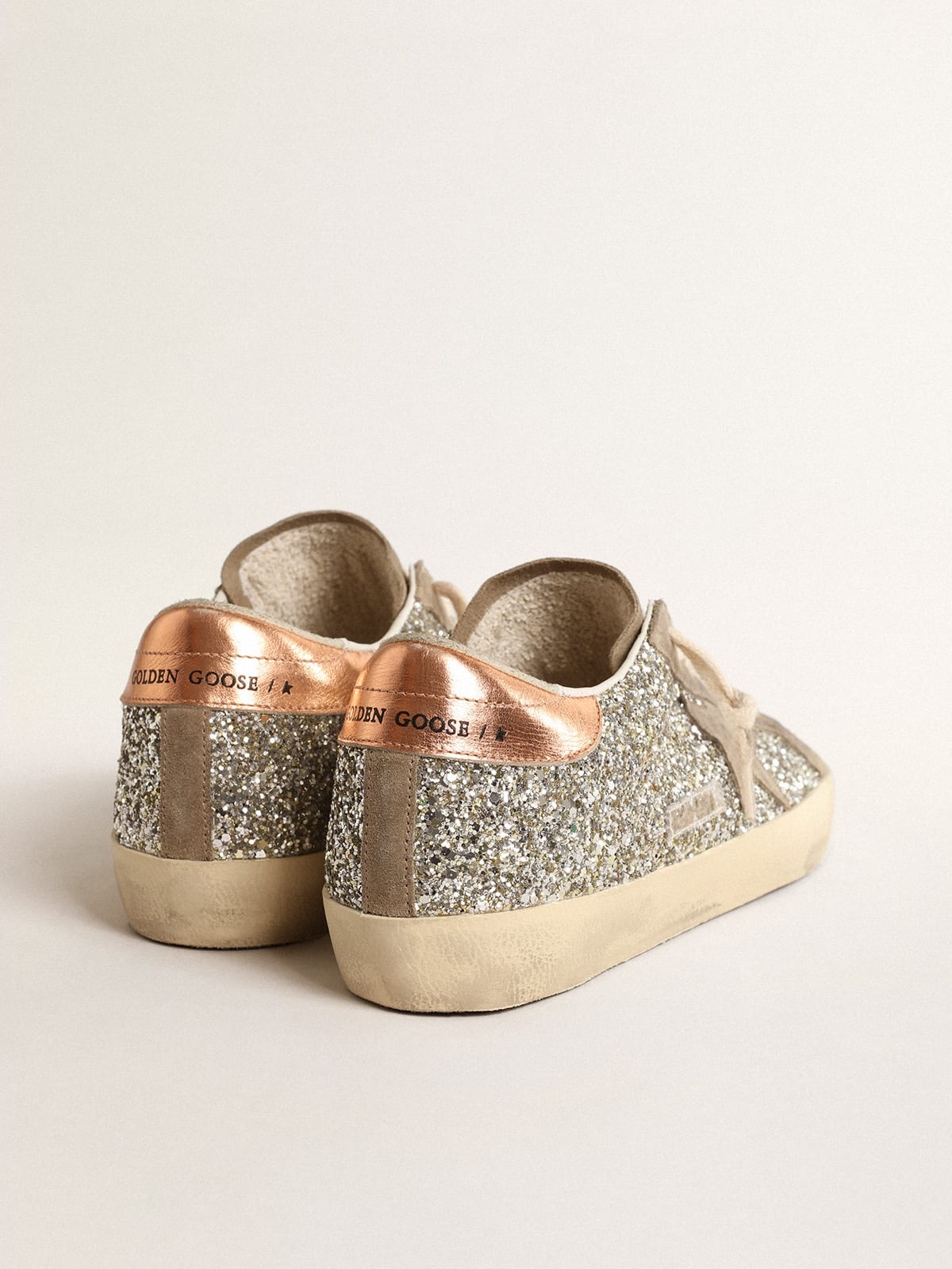 Golden Goose Super-Star in platinum glitter with dove-gray suede star |  REVERSIBLE