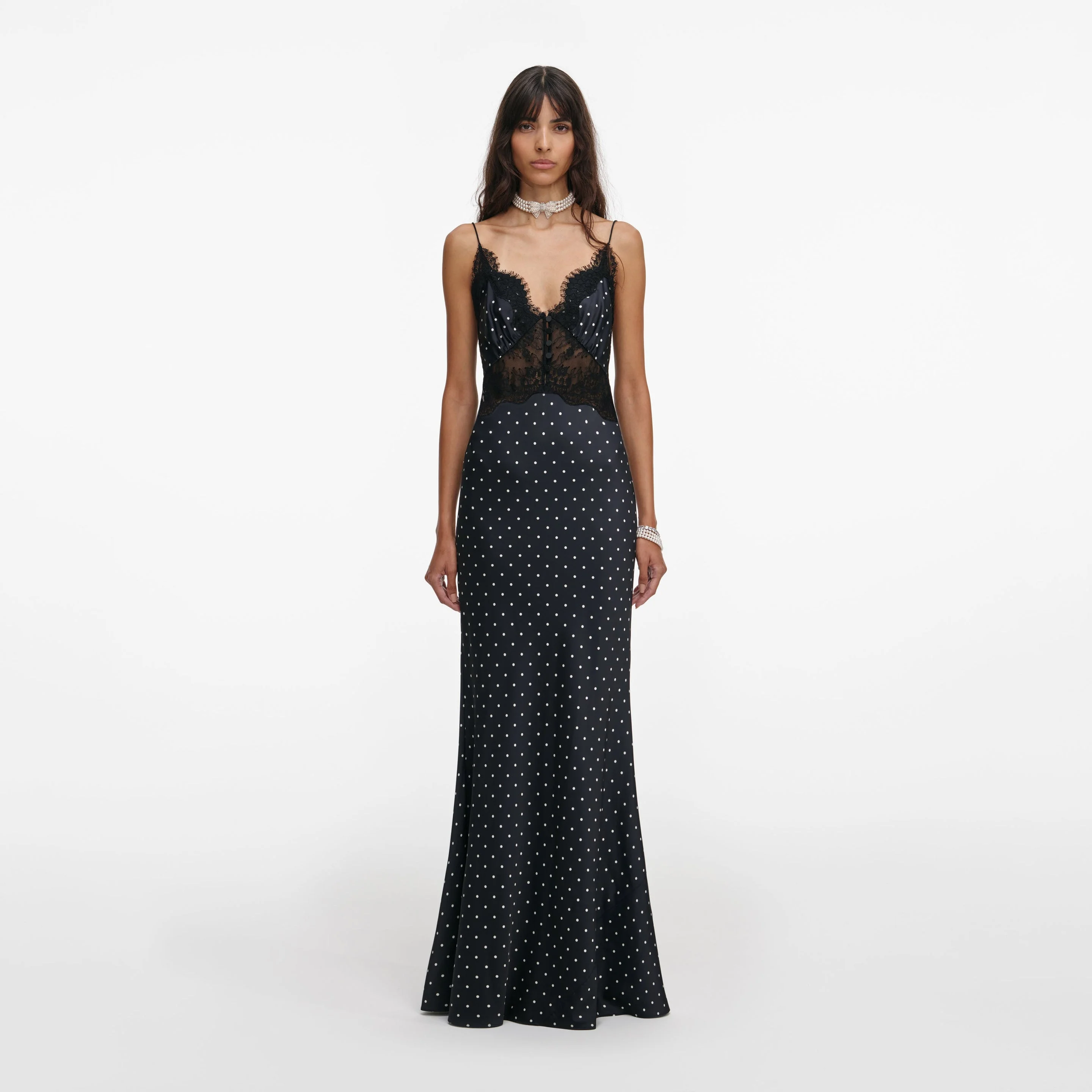 Polka Dot Satin Lace Maxi Dress - 1