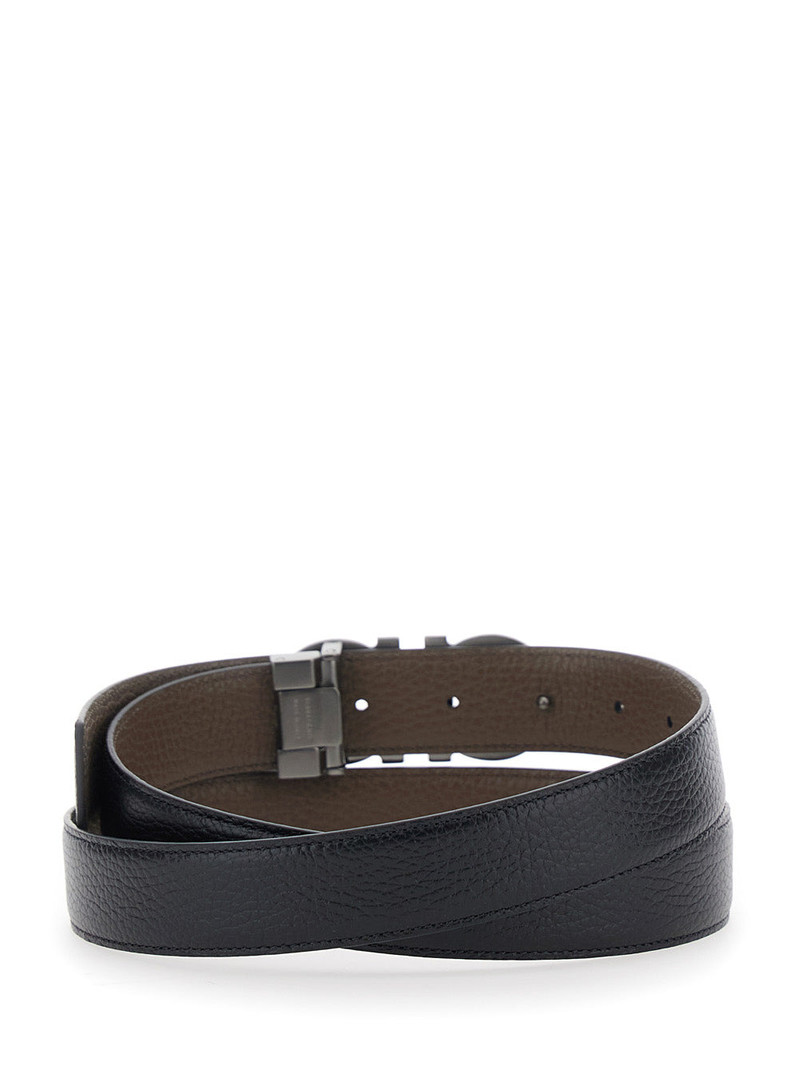 FERRAGAMO Reversible Belt With Gancini Buckle Grained Black Leather For Men Calf outlook