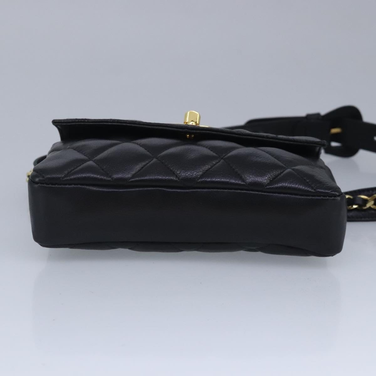 CHANEL Matelasse Chain Waist Bag Lamb Skin Black Gold CC - 5