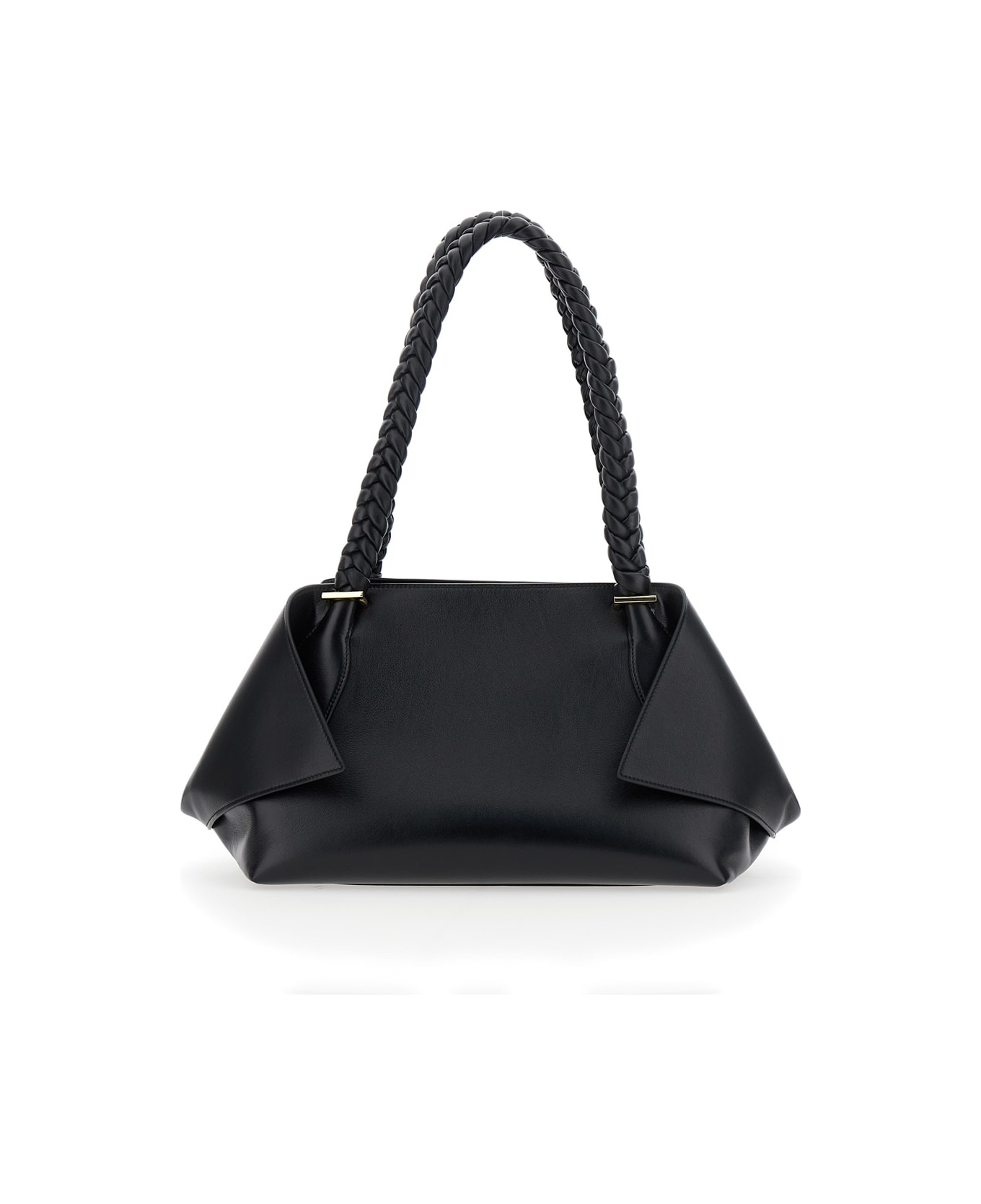 'the Scarf Bag' Black Shoulder Bag With Braided Handles And Folded Corners In Leather Woman - 2