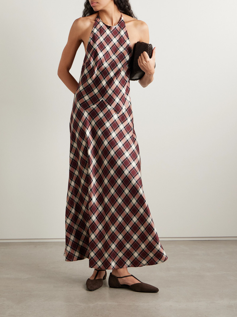 DÔEN Maxime Checked Silk-satin Halterneck Maxi Dress outlook