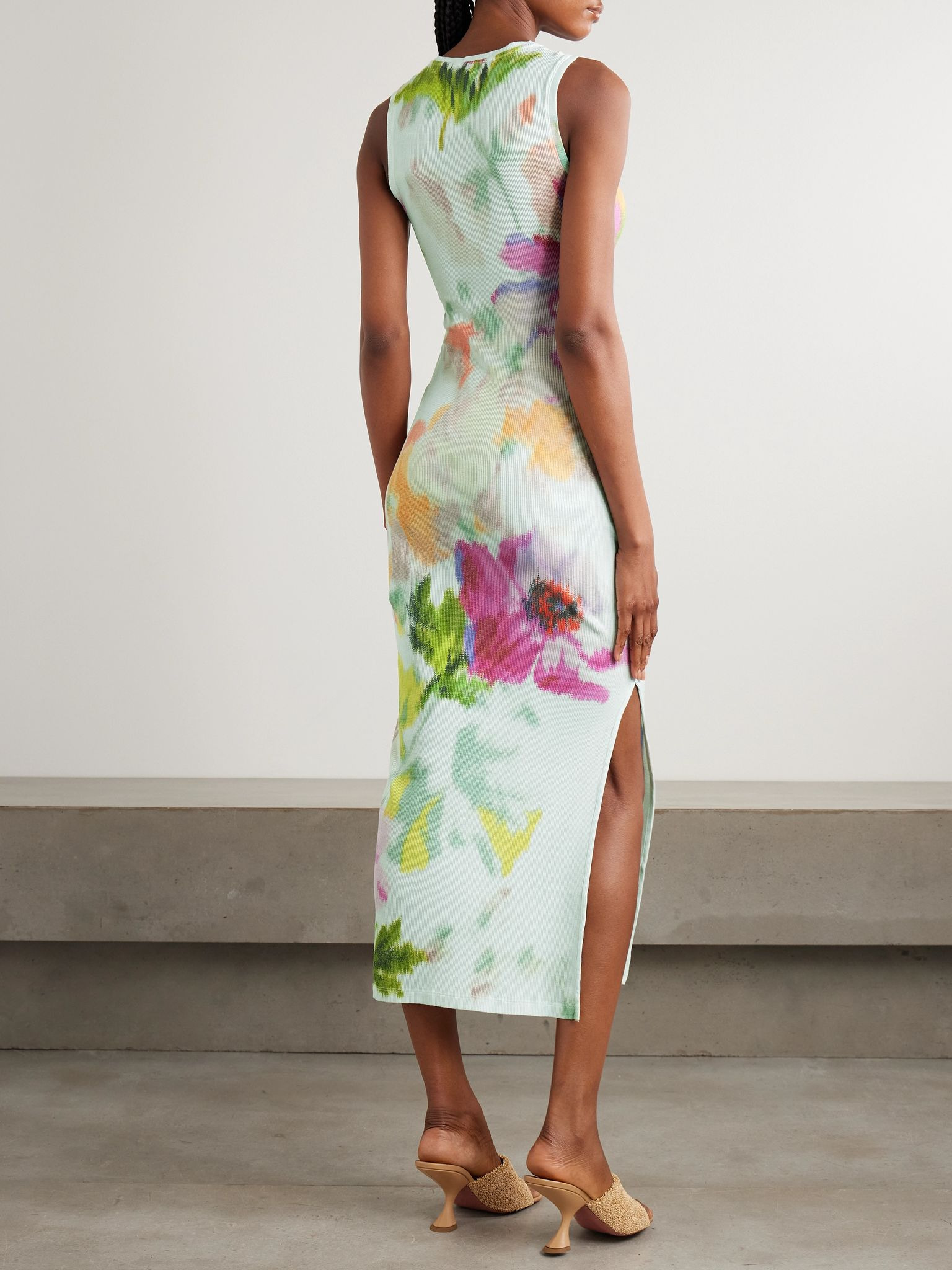 Ribbed floral-print silk and cotton-blend jersey midi dress Blue - 3