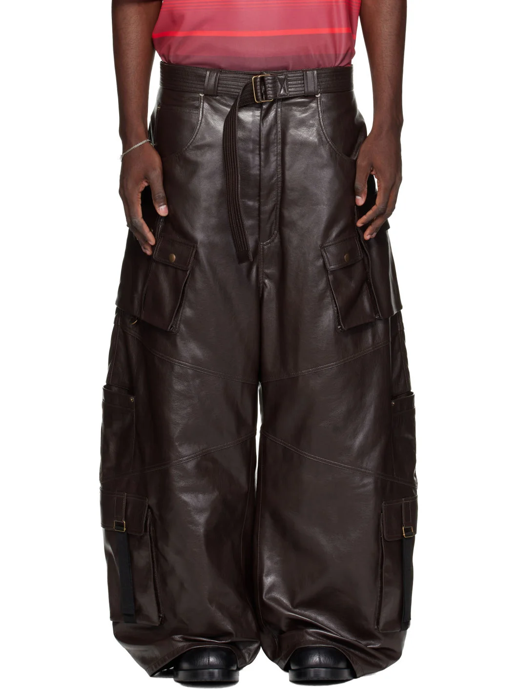 Brown Loaded Faux-Leather Cargo Pants - 1