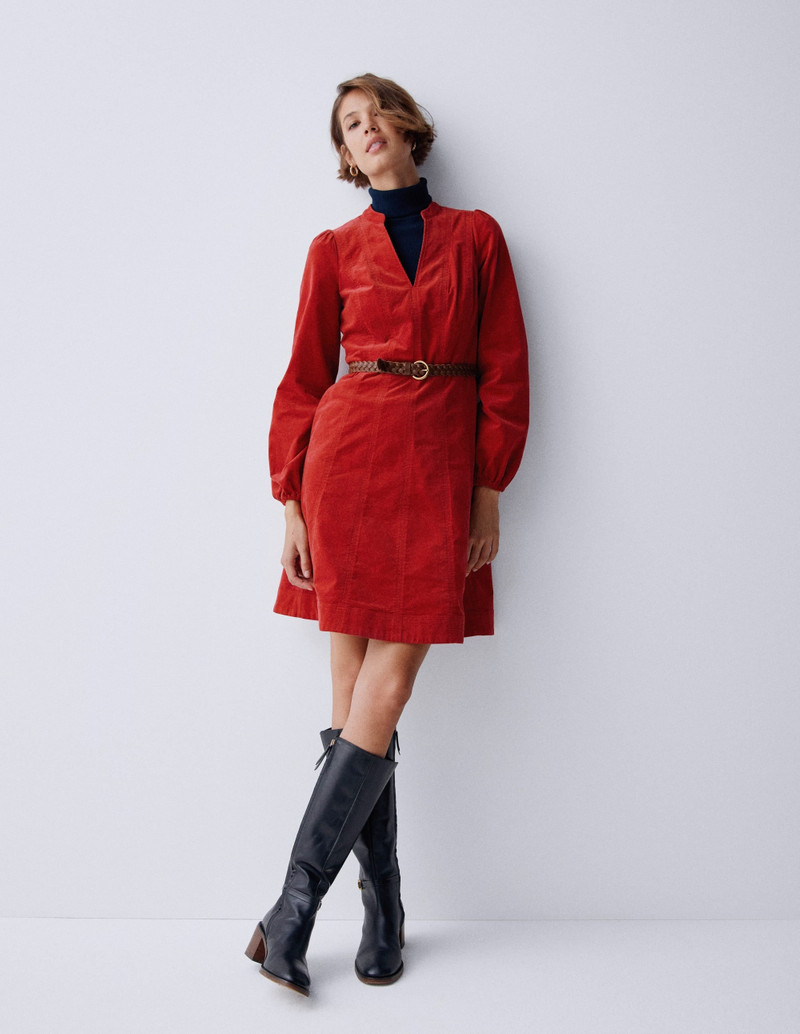 Ros Panelled Cord Short Dress-Crimson Red 7