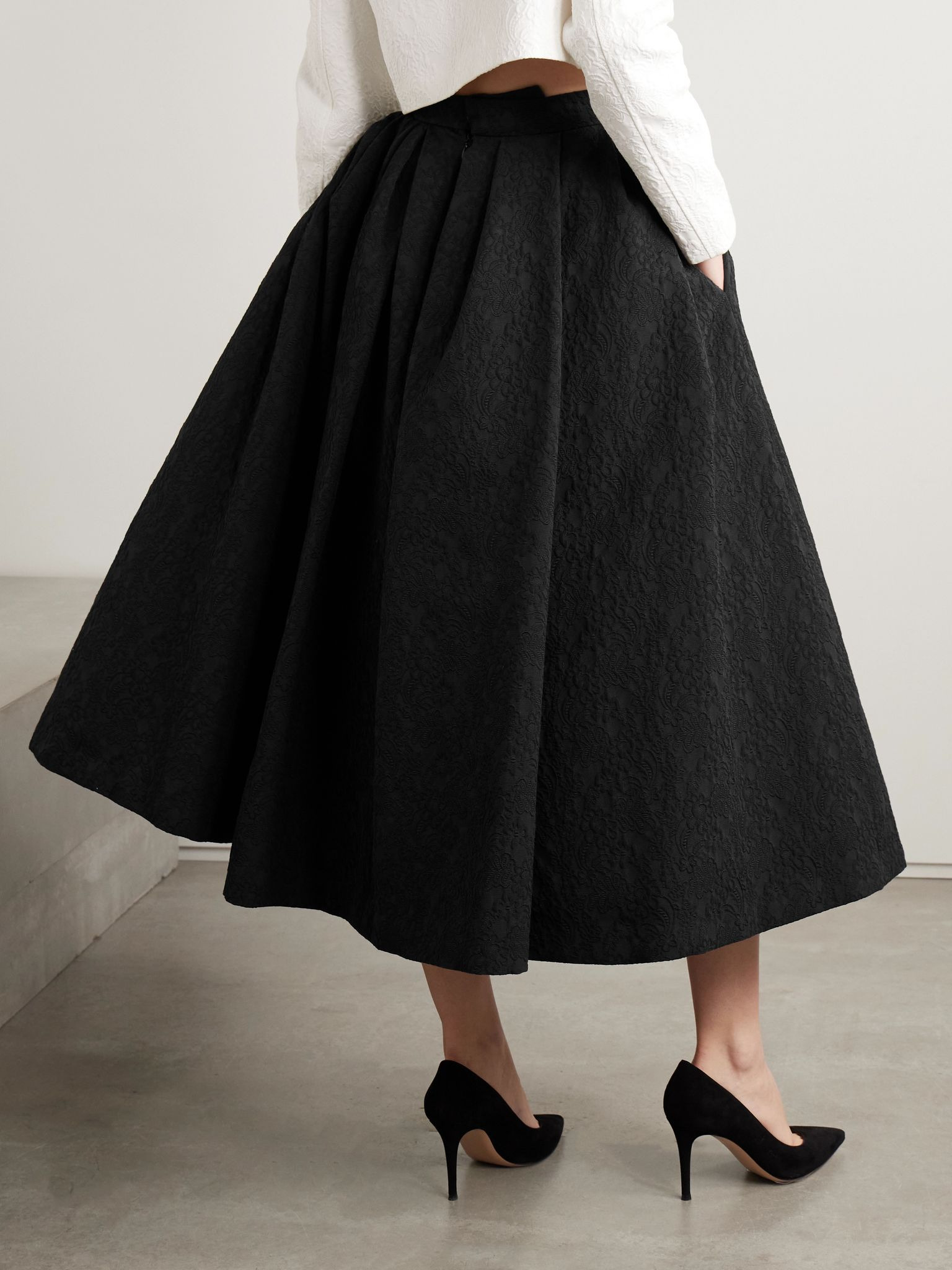 Pleated cotton-blend cloqué midi skirt Black - 3