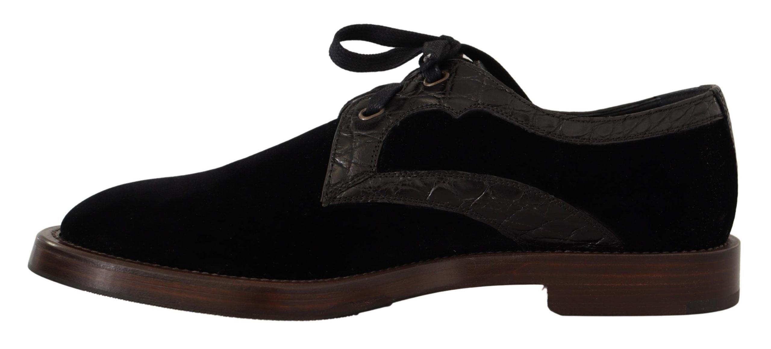 Dolce & Gabbana Black Velvet Exotic Leather Shoes - 4