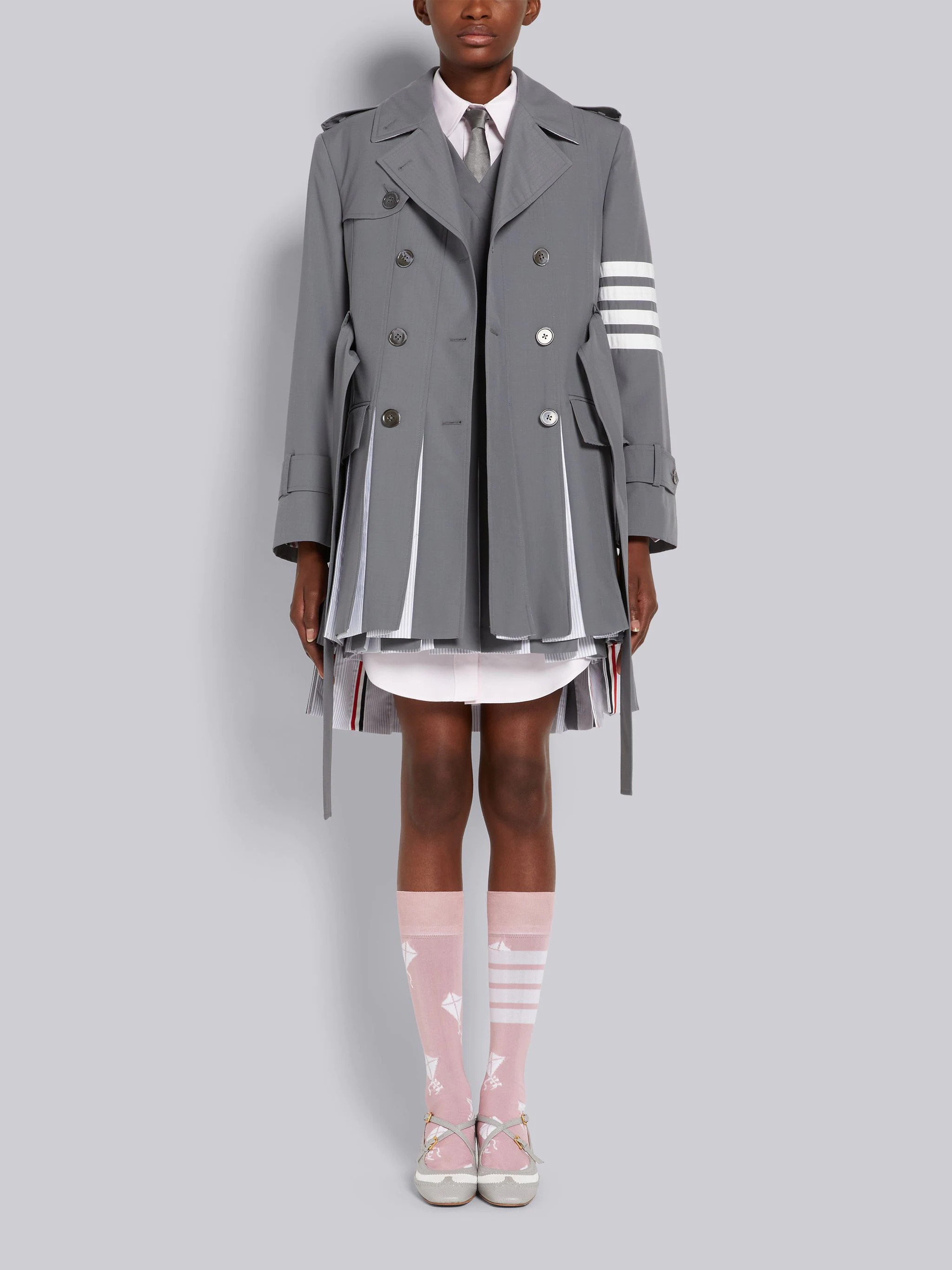 Light Pink Solid Oxford Broderie Anglaise Hot Air Balloon Round Collar Thigh Length Shirtdress - 4
