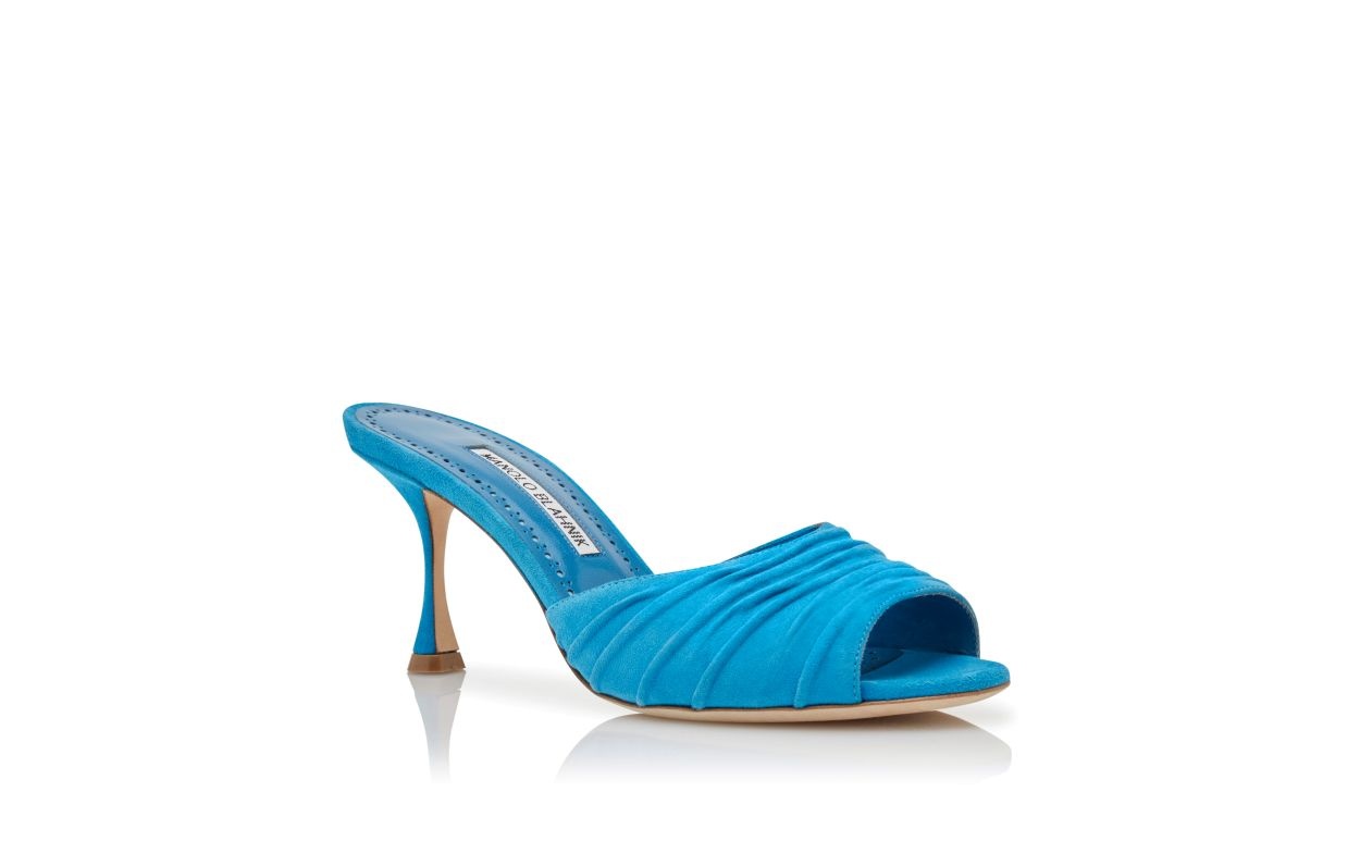 Blue Suede Ruched Open Toe Mules - 3