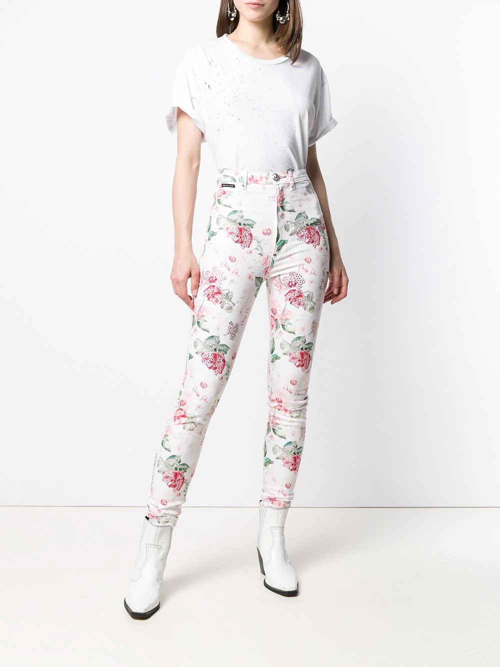 embellished rose print jeans - 2