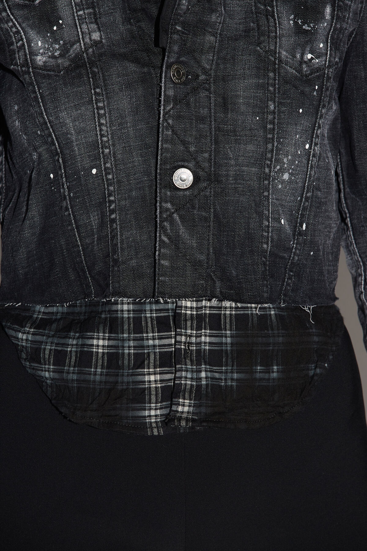 BLACK RIPPED WASH MIX CHECK JEAN JACKET - 3