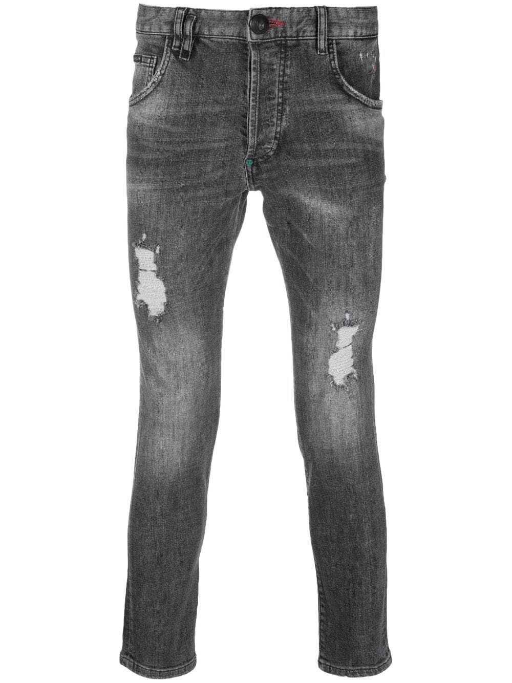 distressed straight-leg denim trousers - 1