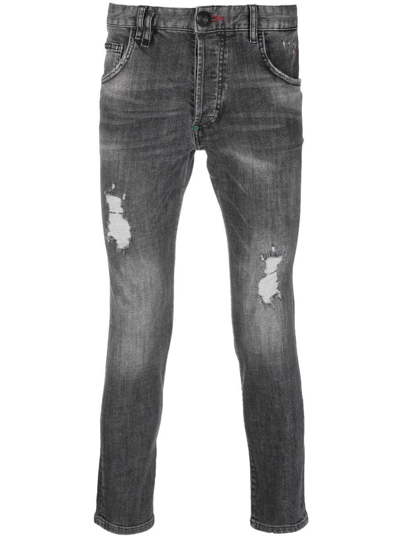 distressed straight-leg denim trousers 1
