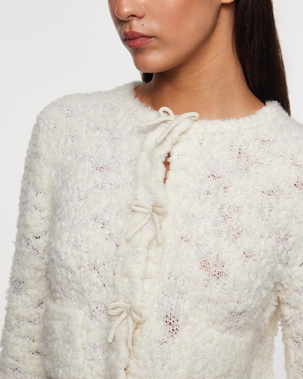 Cardigan Open Stitch Bow White - 5
