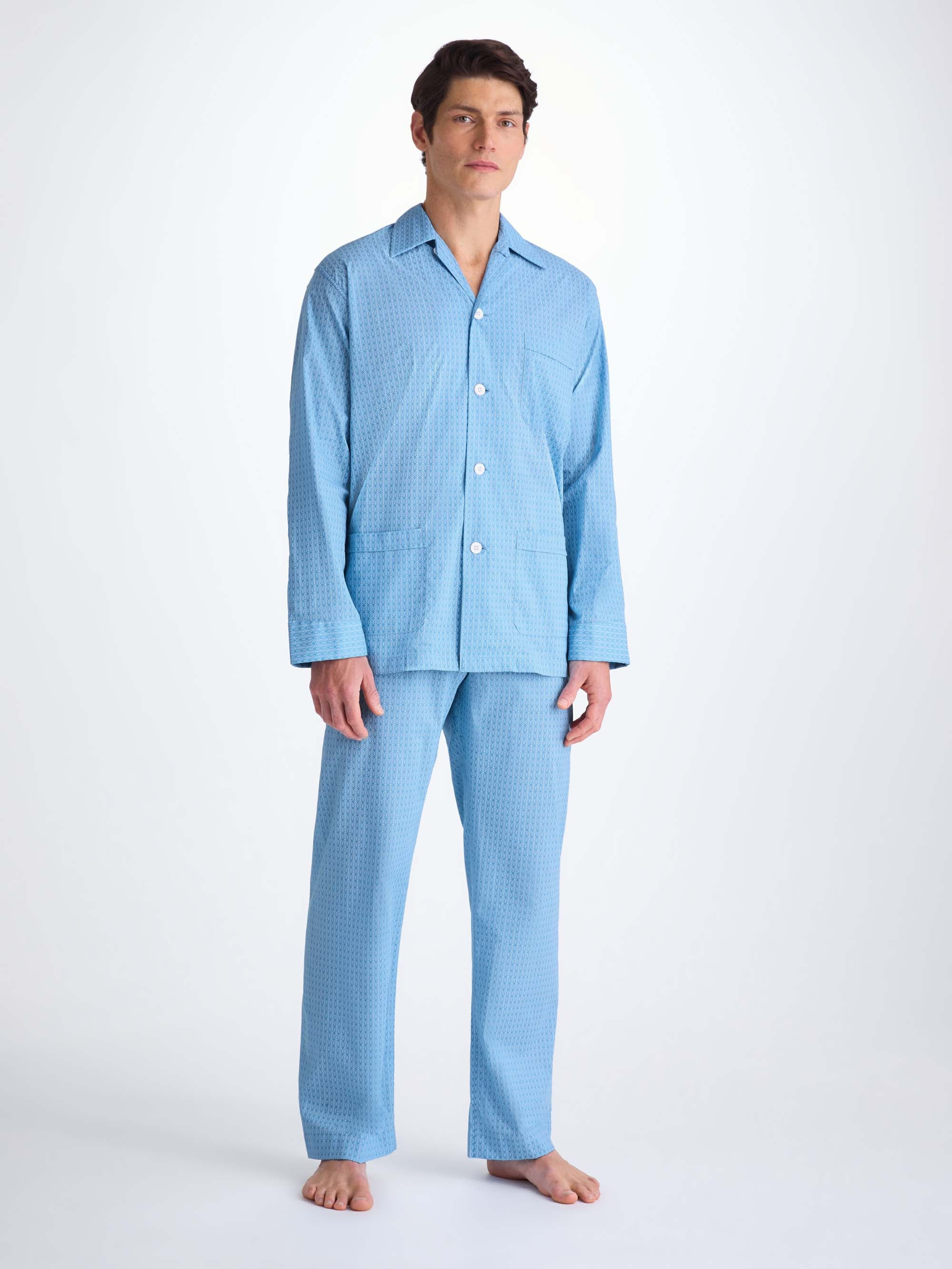 Men's Classic Fit Pajamas Cotton Batiste Blue Jungle Leaf Print - 3