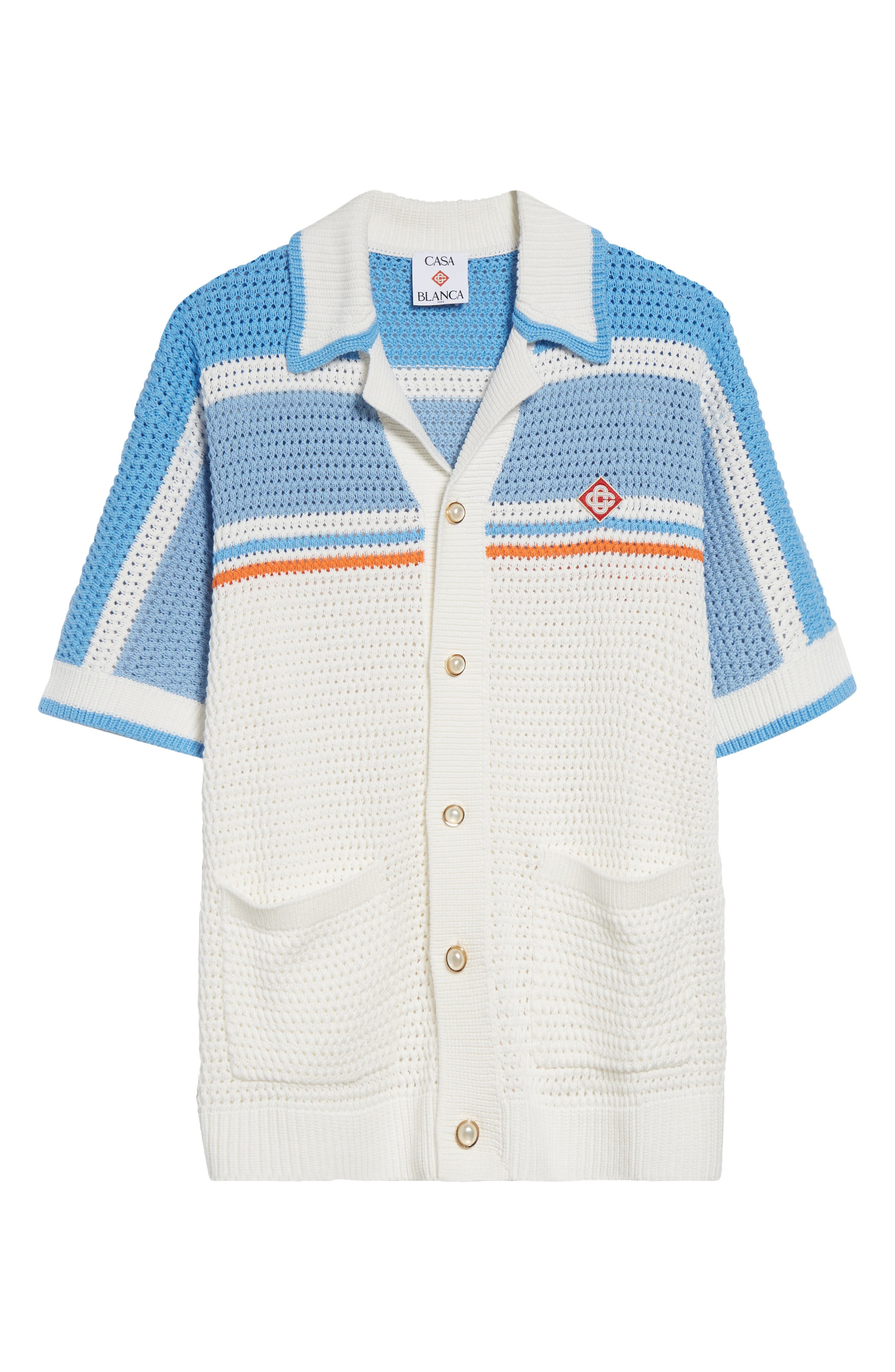 Casablanca Camp Collar Short Sleeve Cotton Crochet Cardigan in Blue Multi at Nordstrom - 5